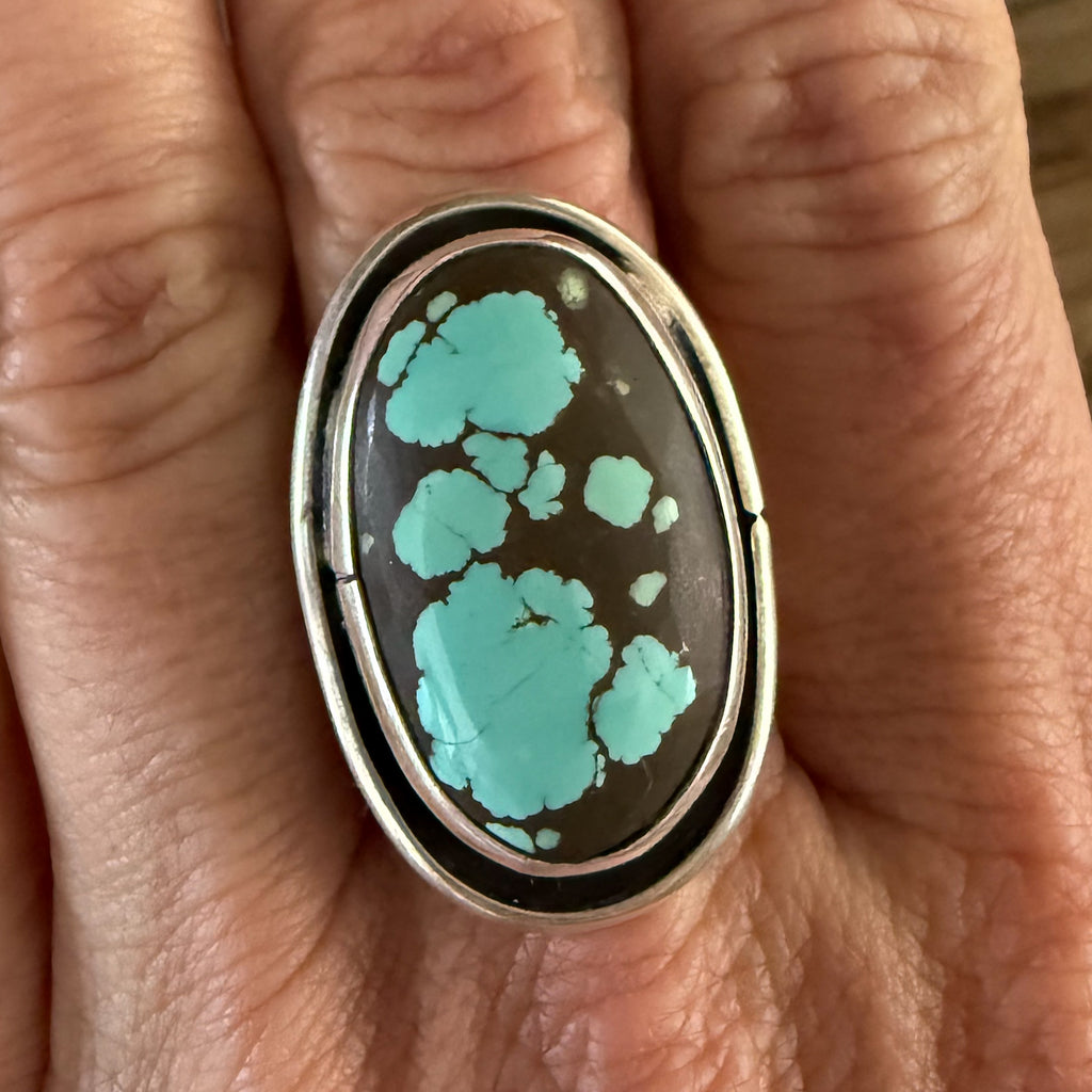 Authentic Native American Handmade Sterling Silver and Number 8 Turquoise Ring size 8.