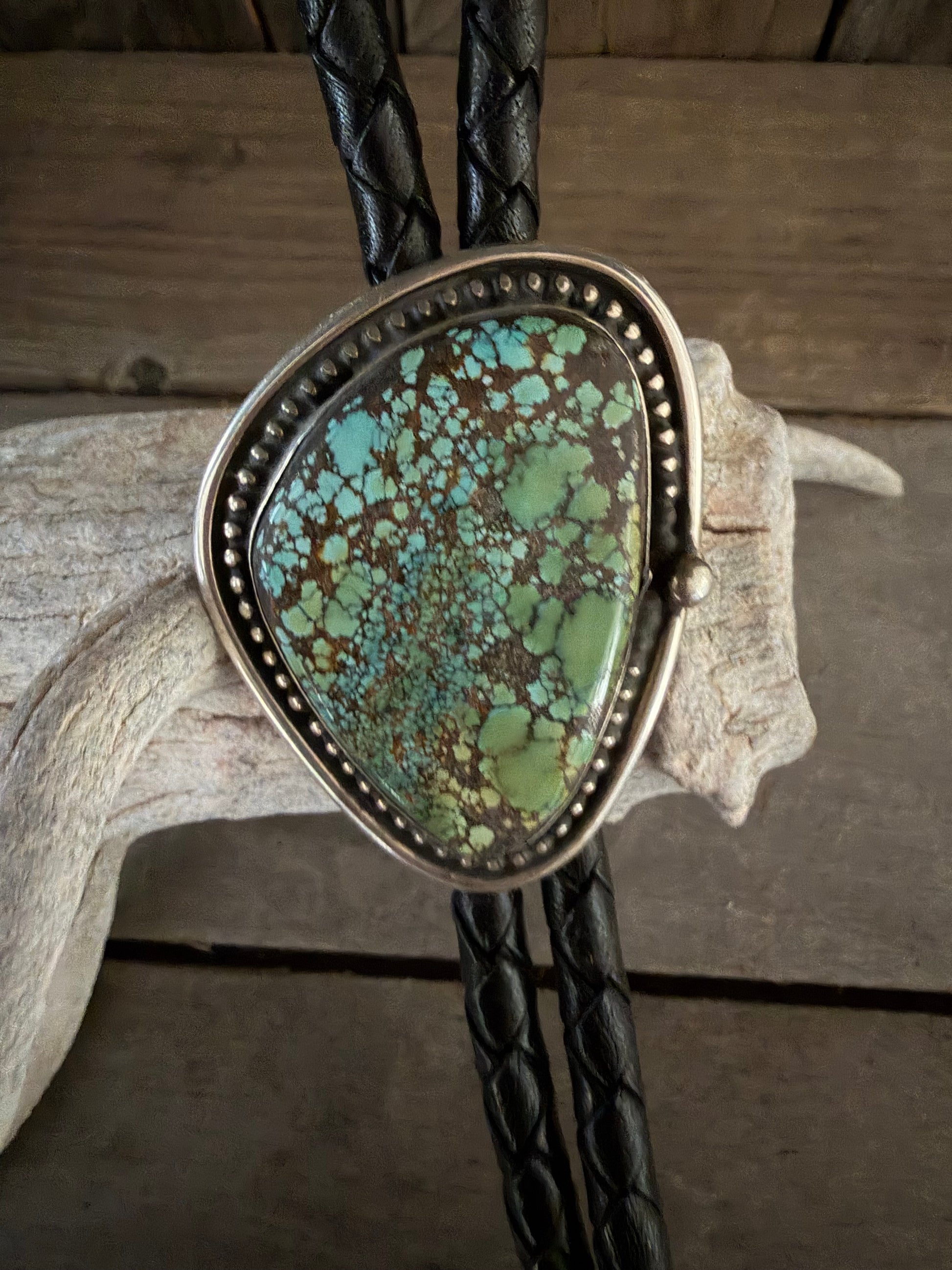Native American Handmade Sterling Silver Hubei Turquoise Bolo Tie