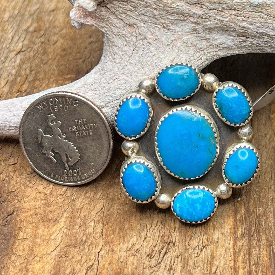 Authentic Native American Handmade Sterling Silver Turquoise Flower Cluster Ring Size 7 1/2.