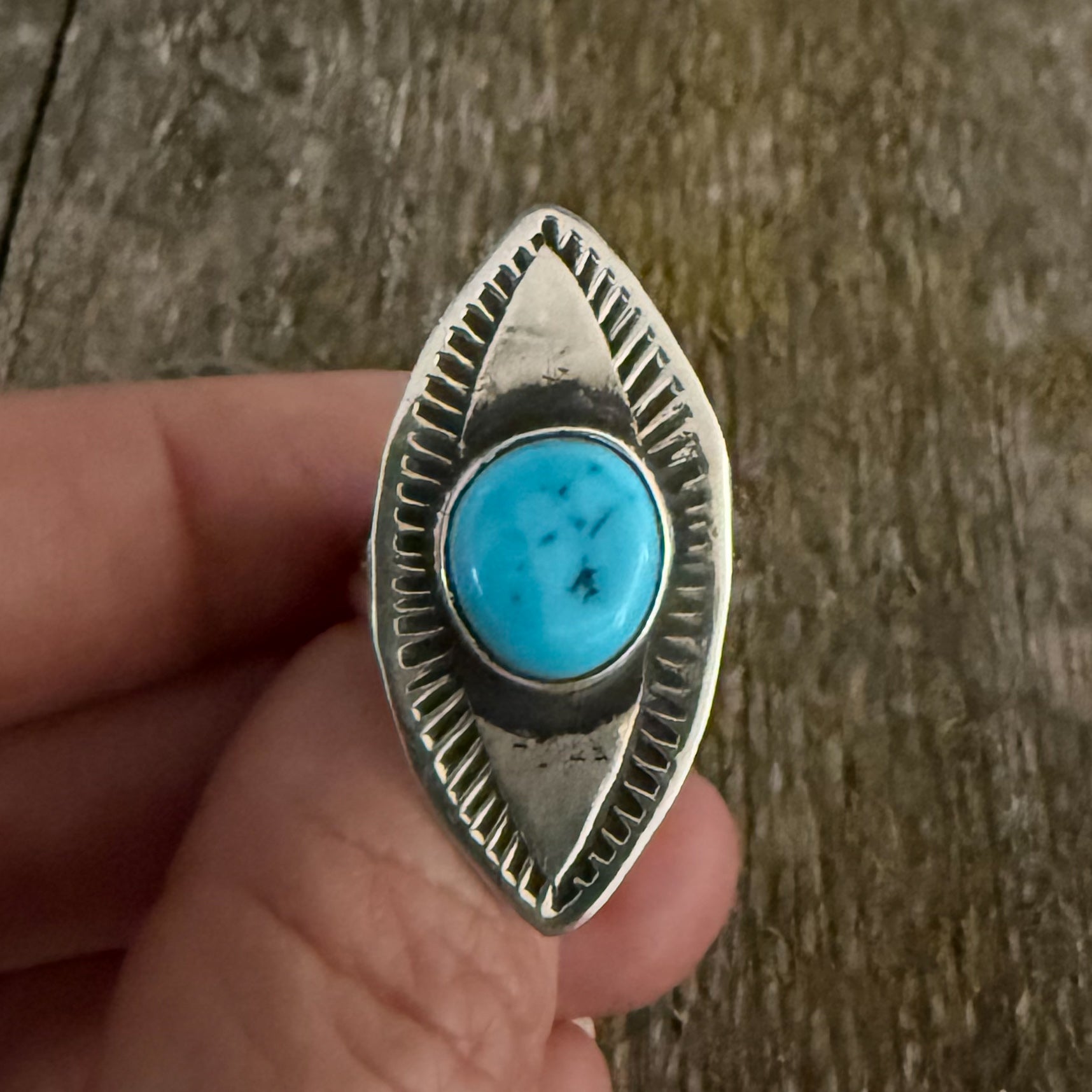 Authentic Native American Handmade Stamped Sterling Silver and Kingman Turquoise Ring  Size 8 1/2.