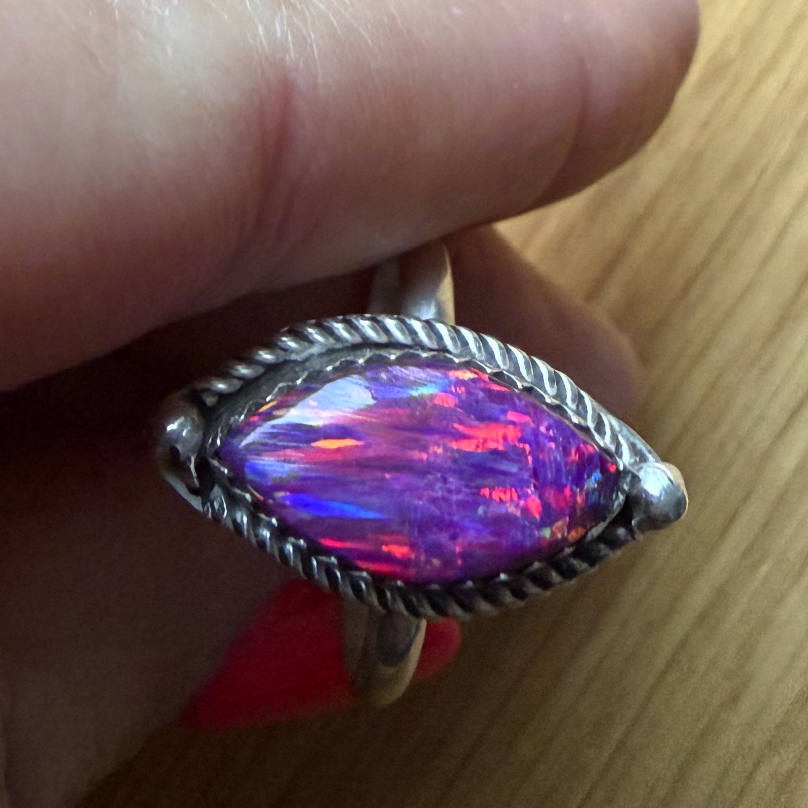 Native American Handmade Sterling Silver and Opal Ring       size 7 3/4.
