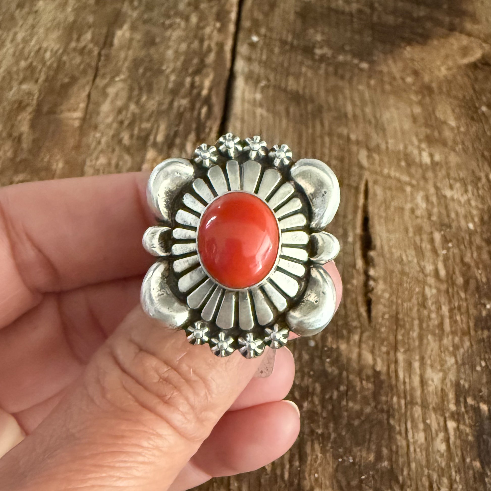 Authentic Native American Handmade Thomas Jim Mediterranean Coral Ring size 7 1/4.