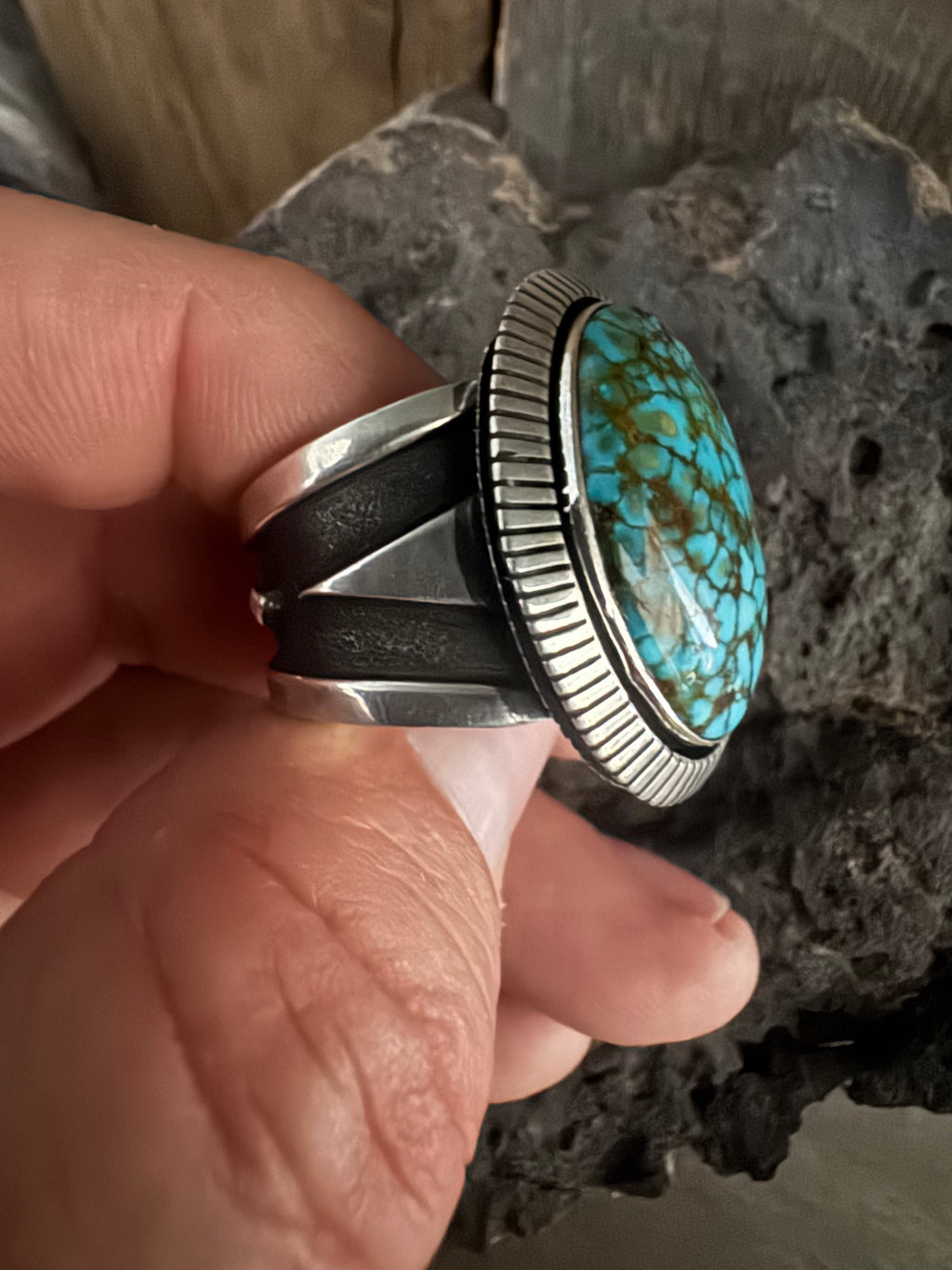 Cooper Willie Kingman Web Turquoise-Silver Ring Size 13.25