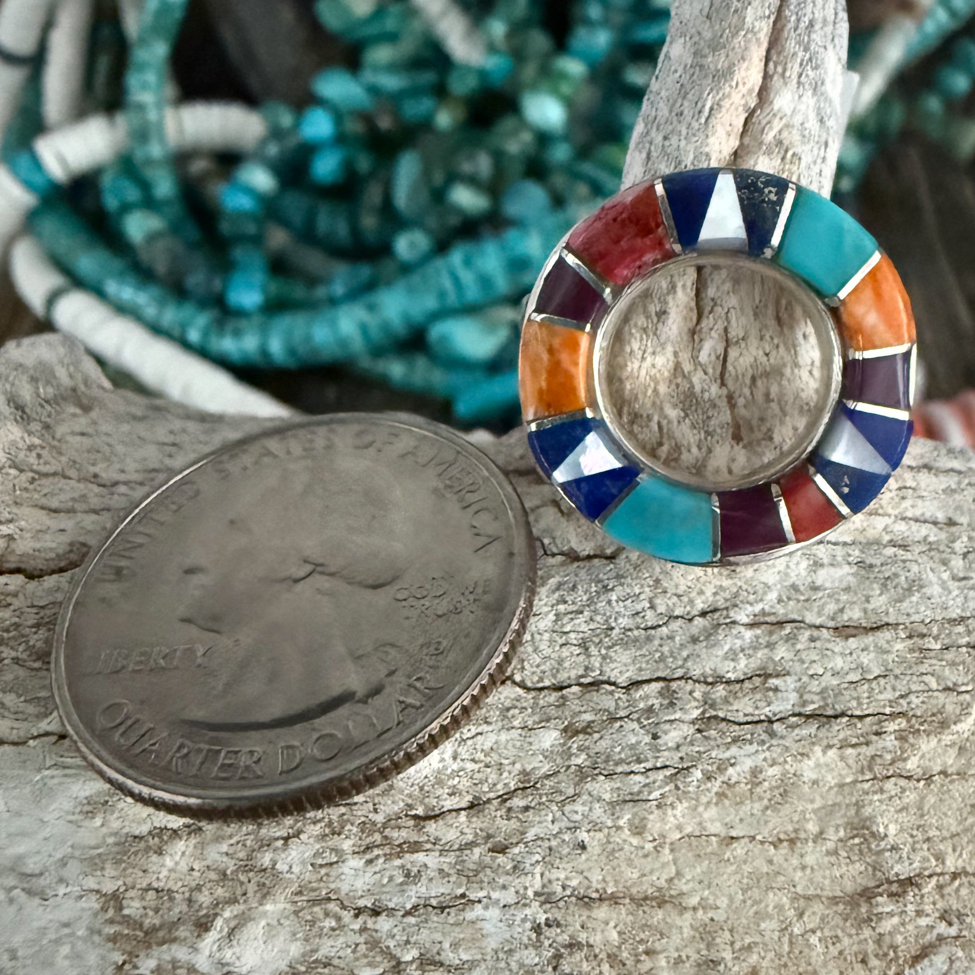 Authentic Native American Handmade Sterling Silver Zuni Inlay Ring by Calvin Begay size 7 3/4.