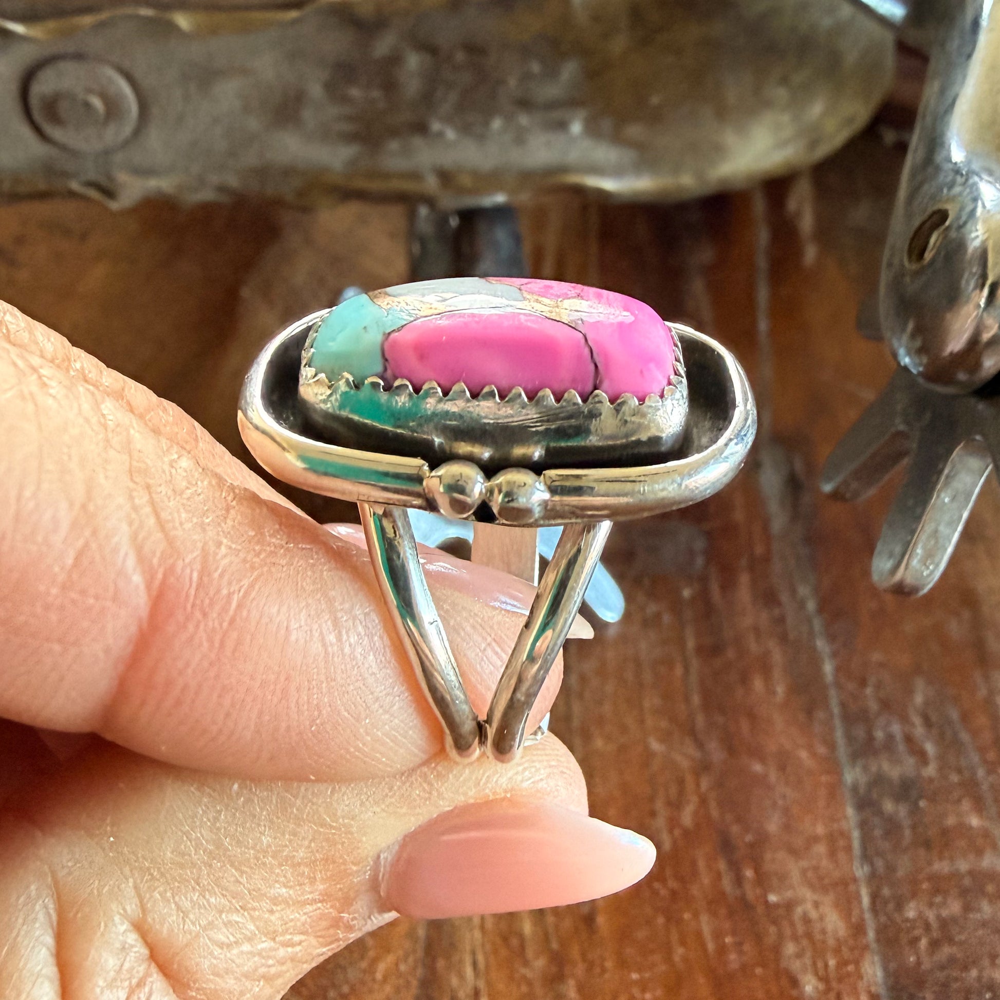 Authentic Native American Handmade Sterling Silver and Cotton Candy Ring size 8 1/2