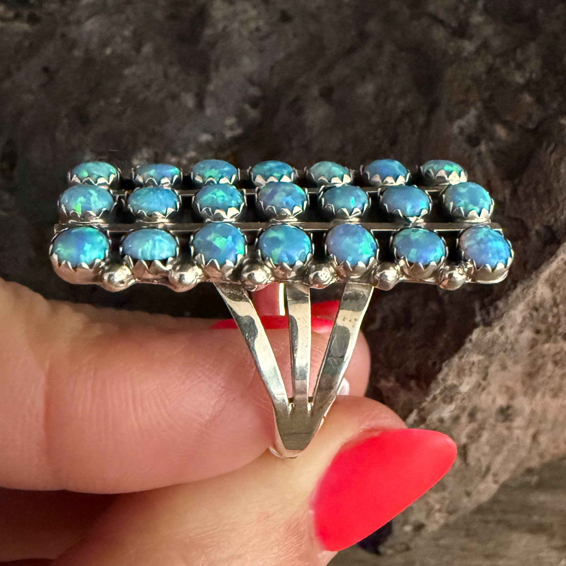 Authentic Native American Handmade Sterling Silver and Opal 7 Row Ring size 10.