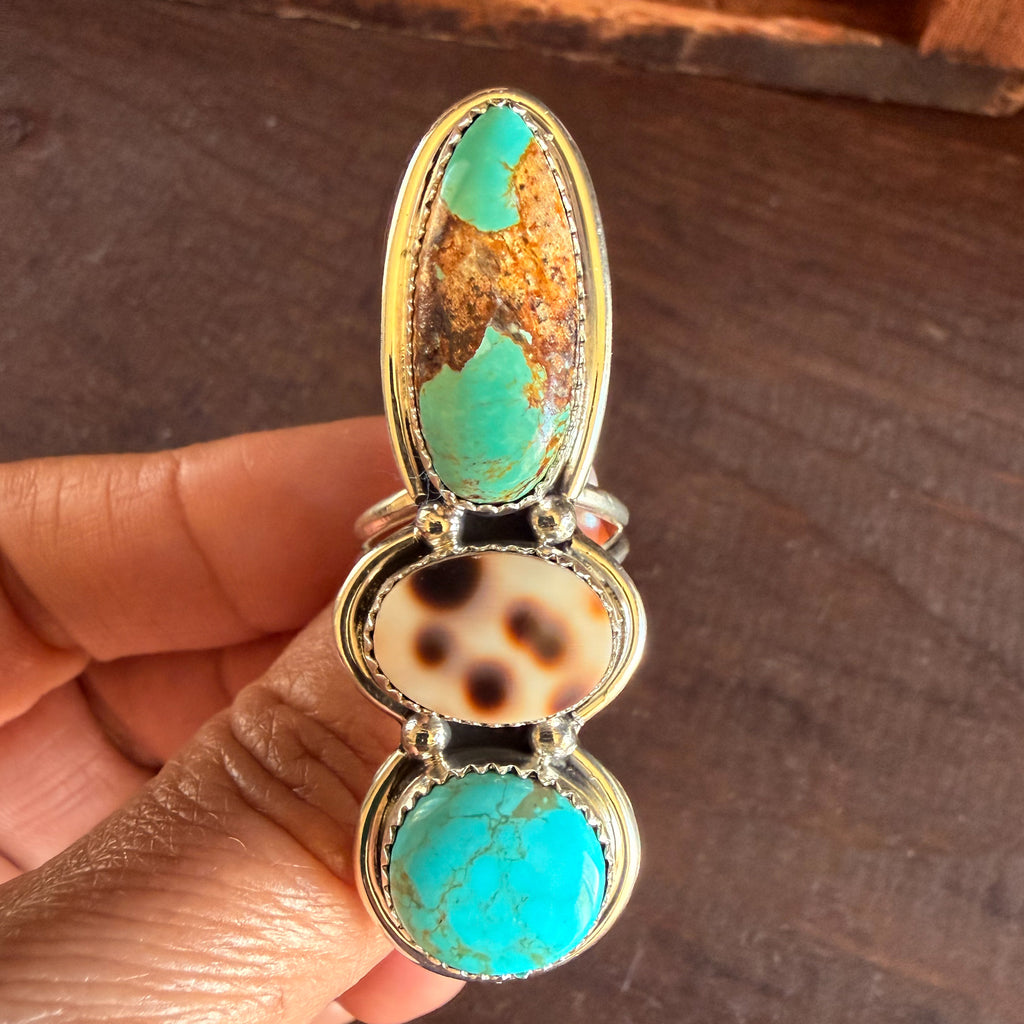 Authentic Native American Handmade Sterling Silver, Turquoise and Cowrie Shell Triple Stack Ring size 7 1/2