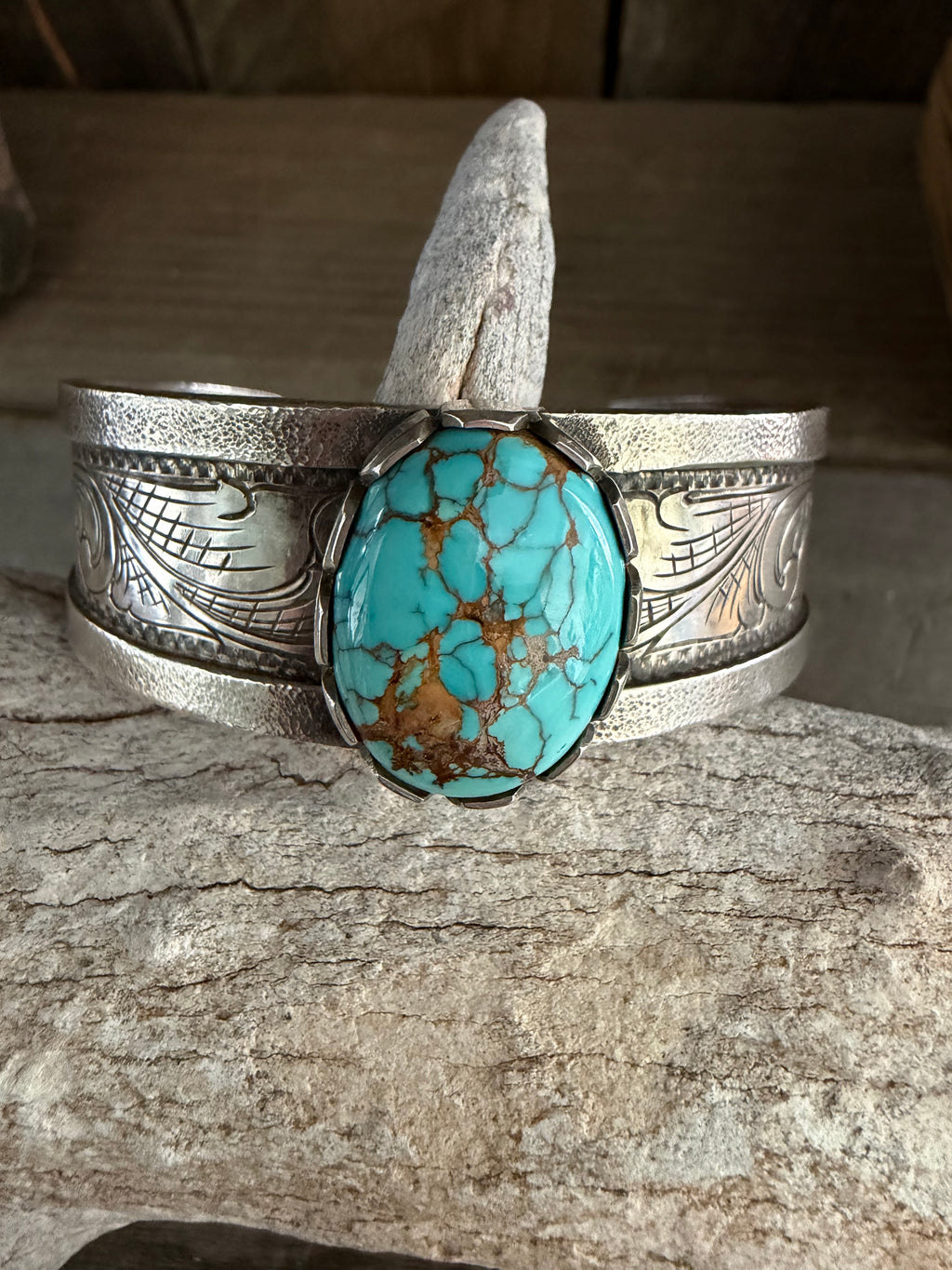 Handmade Sterling Silver Royston Turquoise Hand stamped Women’s Bracelet/Cuff (non-native)by TV Custom Silver
