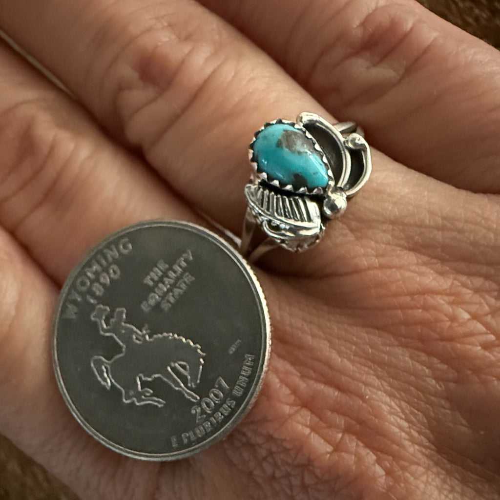 Authentic Native American Handmade Sterling Silver and Turquoise Navajo blossom ring Size 8