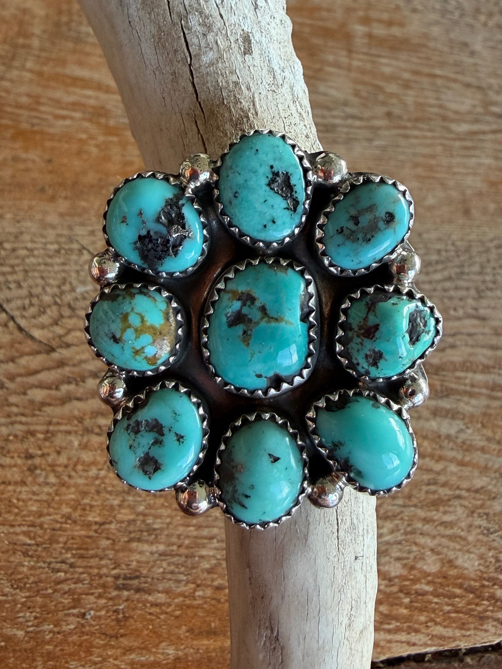 Native American Fairren Begay Handmade Sterling Silver Kingman Turquoise Cluster Adjustable Ring