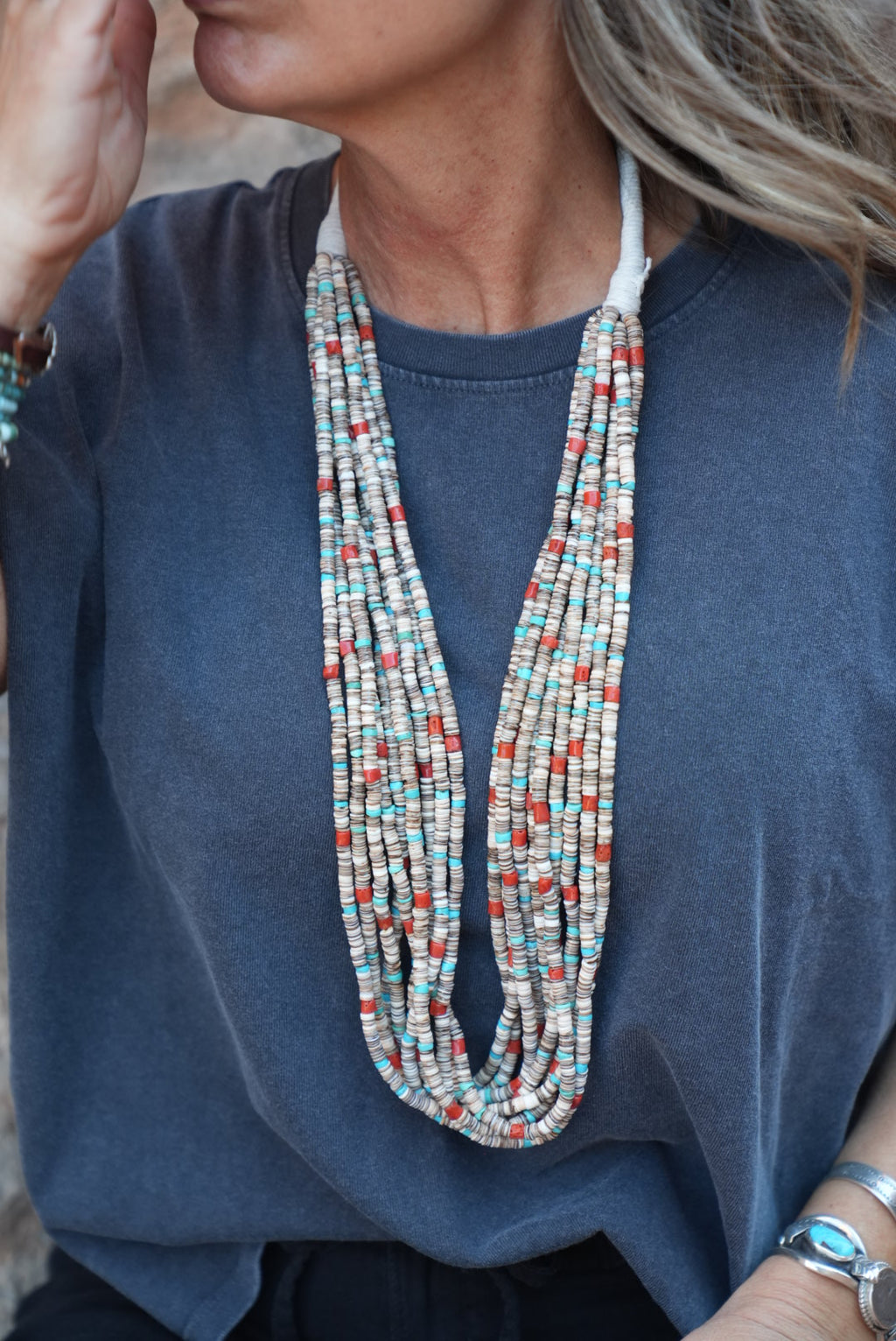 Native American Marquez Tachiini Handmade Olive Shell Heishi, Kingman,Mediterranean Coral Necklace