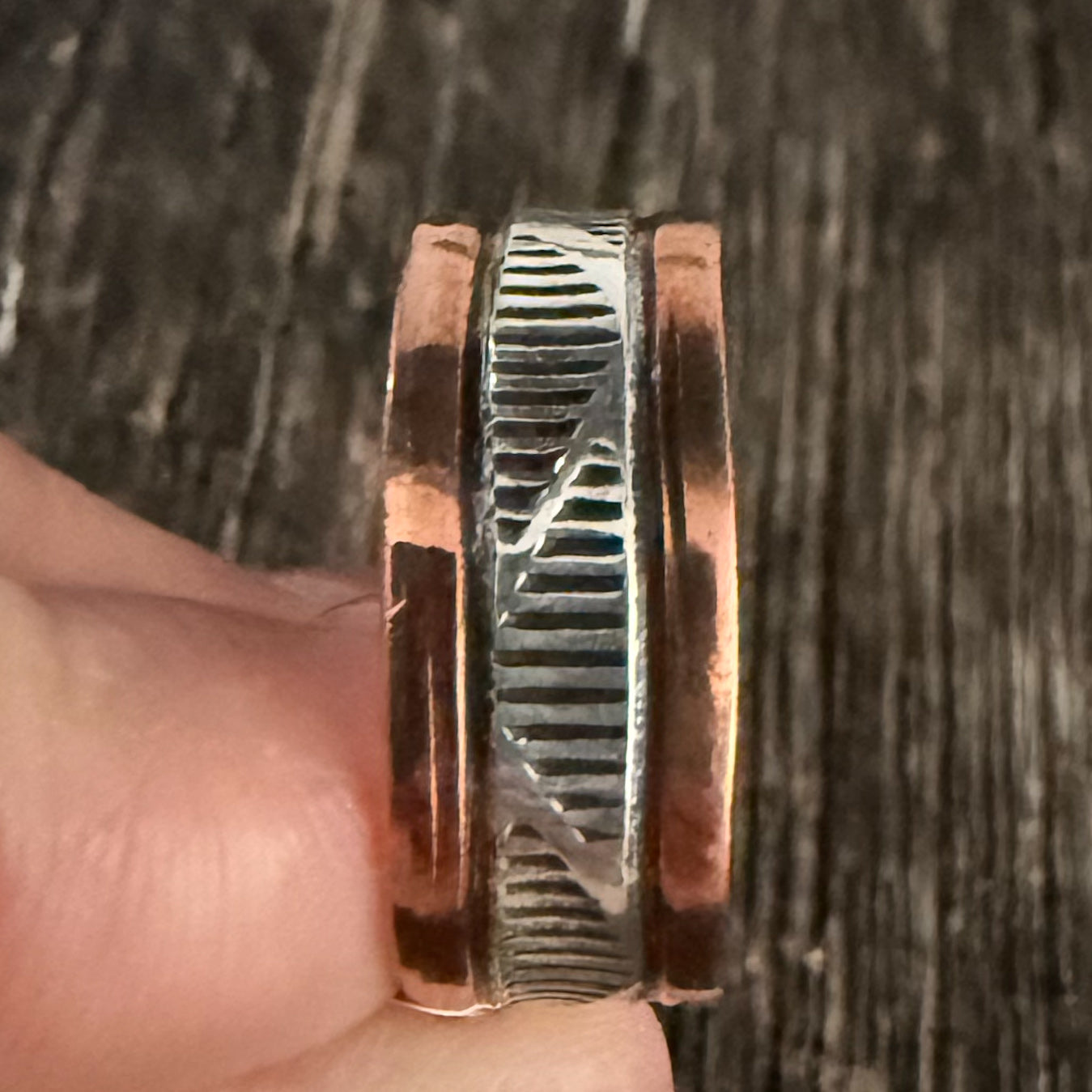 Authentic Native American Handmade Copper and Sterling Silver Stamped Ring size 9