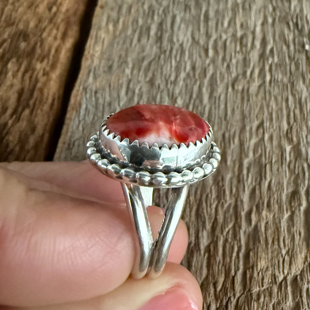 Authentic Native American Handmade Sterling Silver and Red Spiny Oyster Ring Size 5 1/2.