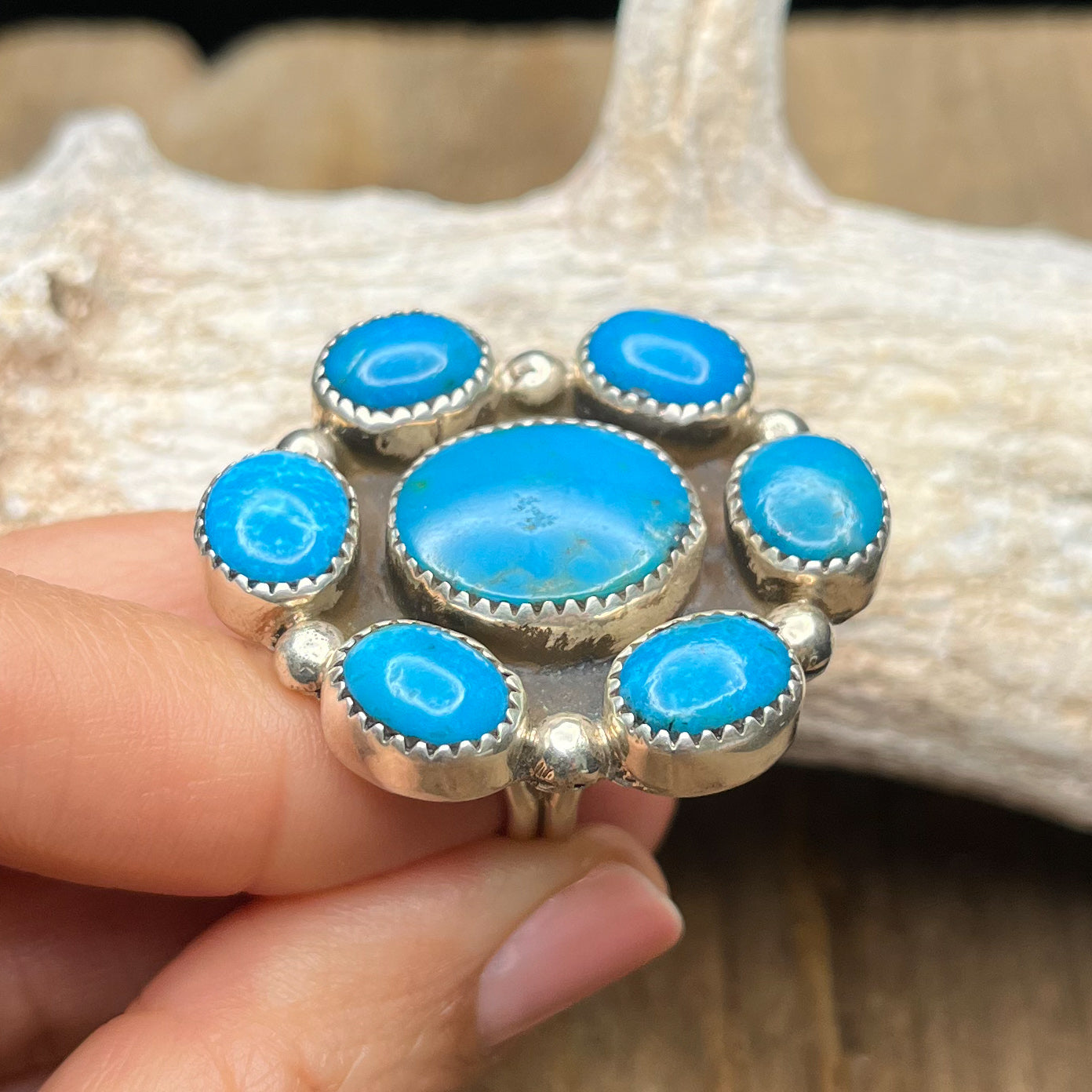 Authentic Native American Handmade Sterling Silver Turquoise Flower Cluster Ring Size 7 1/2.