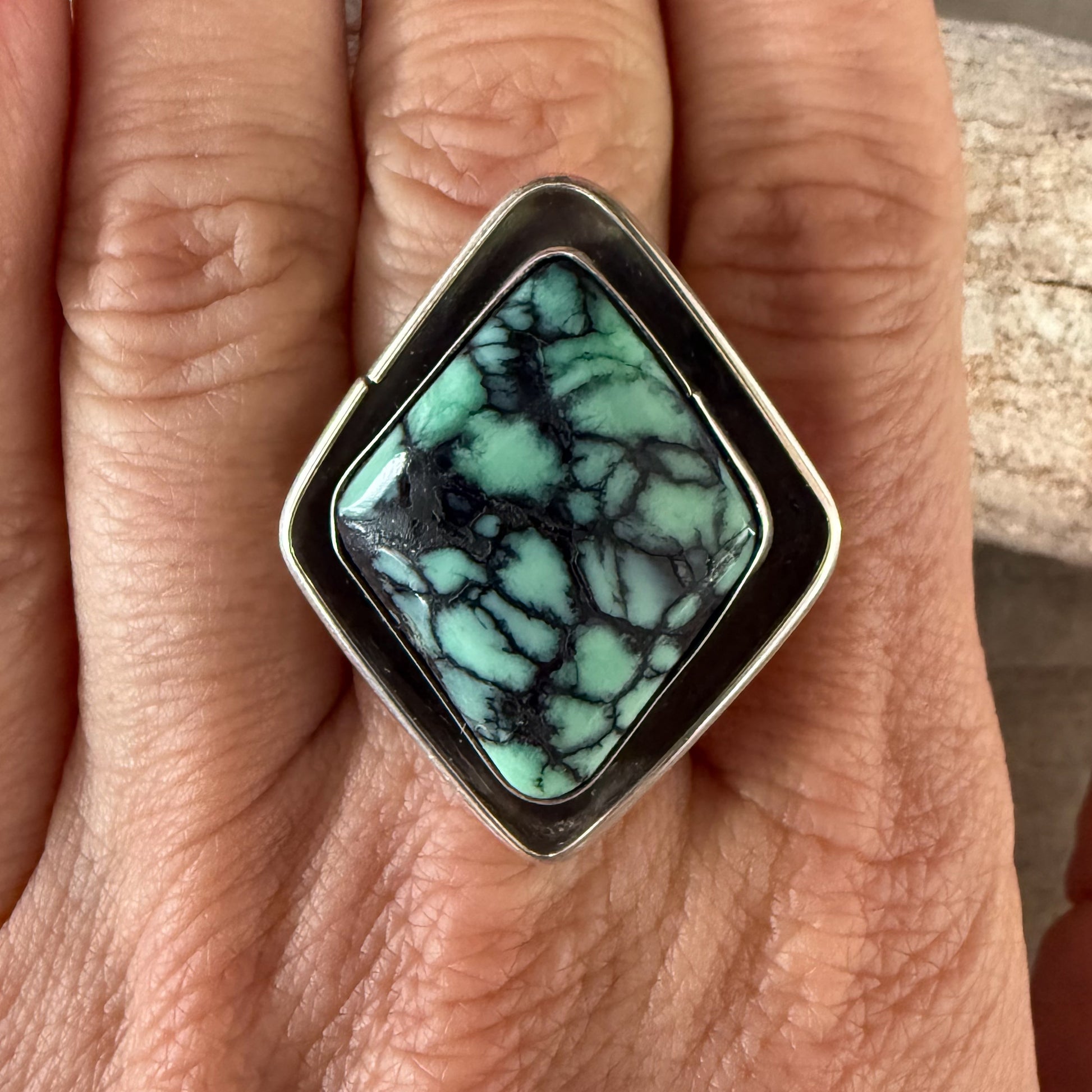 Authentic Native American Handmade Sterling Silver and Emerald Rose Variscite Adjustable Ring.