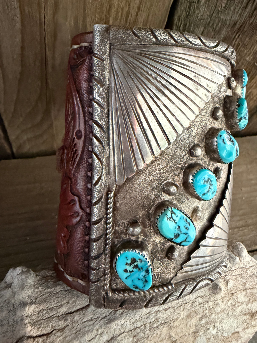 Native American Vintage Handmade Mens Leather- Sterling Silver Cuff Sleeping Beauty Turquoise