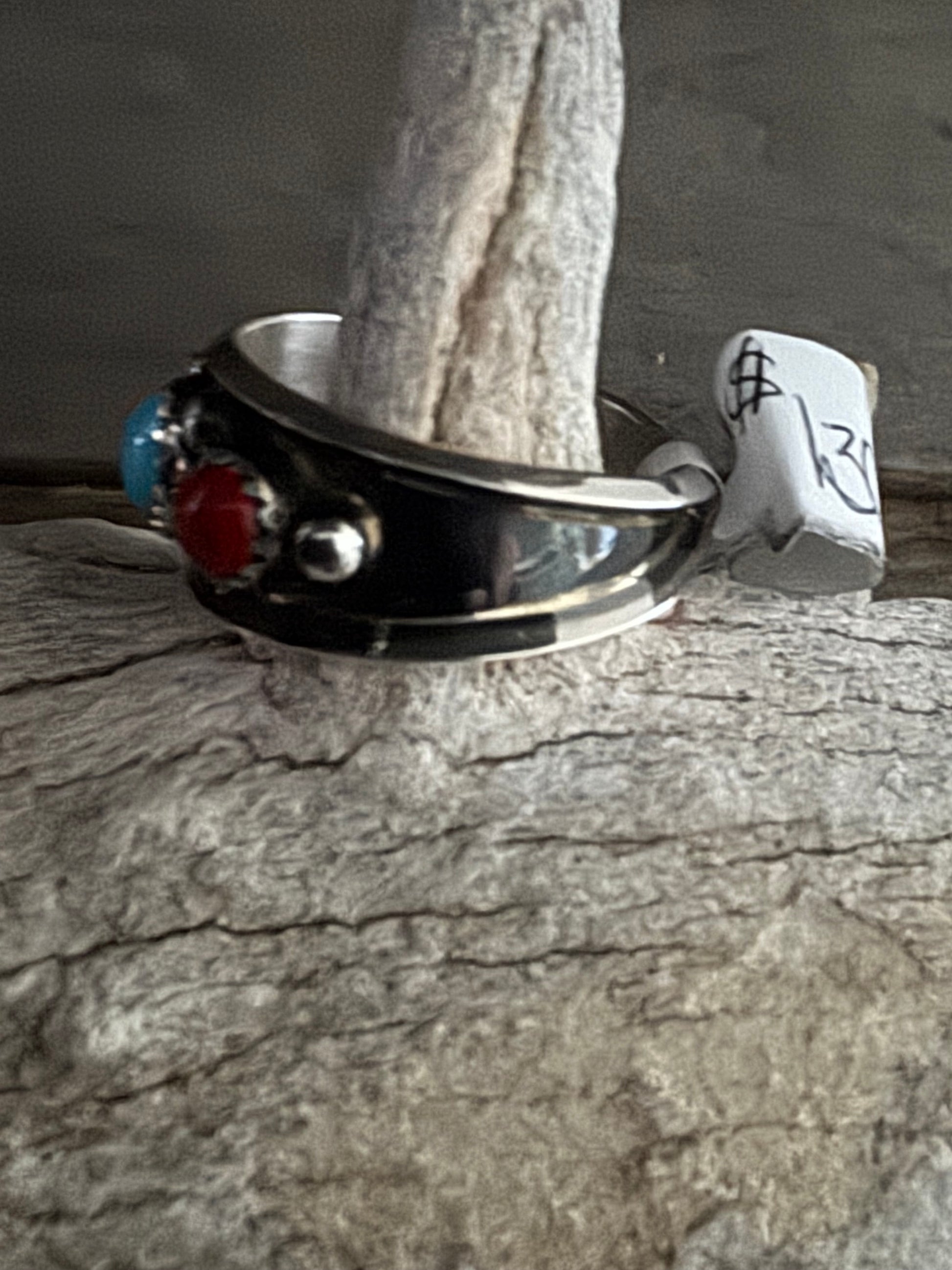 Handmade Turquoise-Coral Custom Silver Ring Size 11