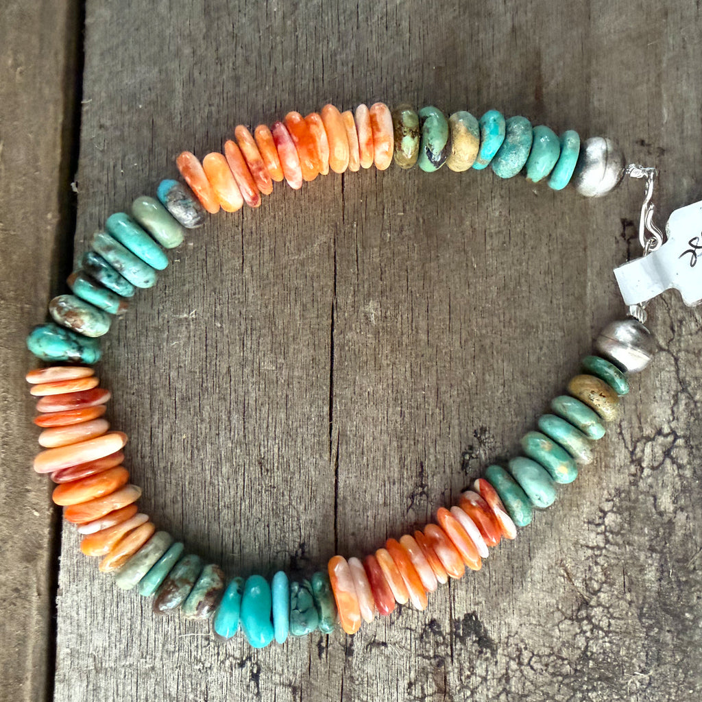 Authentic Native American Handmade Sterling Silver, Orange Spiny Oyster, and Turquoise           7 “ Bracelet.