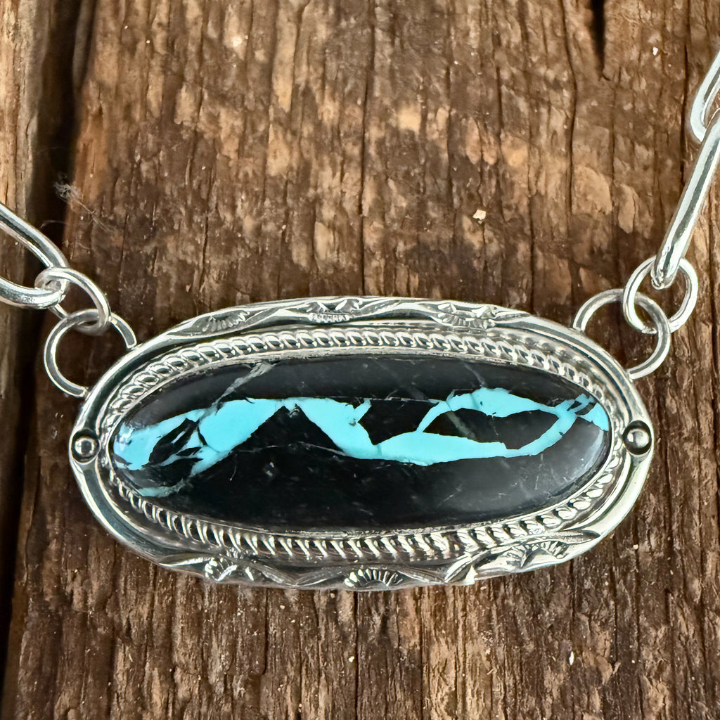 Authentic Native American Handmade Sterling Silver and Black Jack Turquoise Necklace