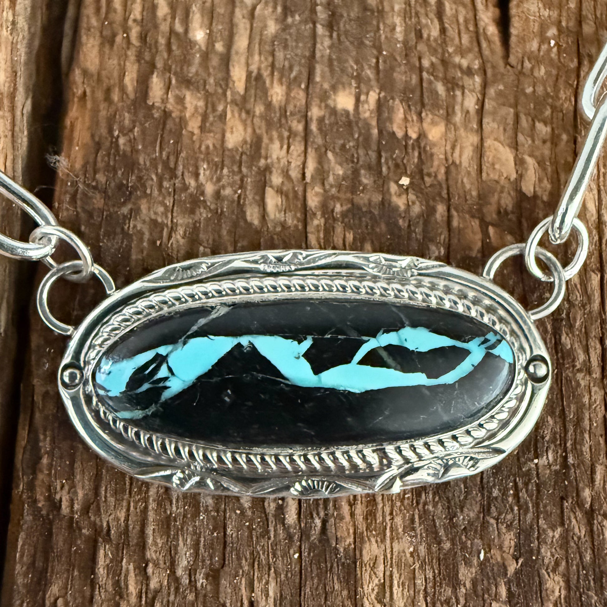 Authentic Native American Handmade Sterling Silver and Black Jack Turquoise Necklace