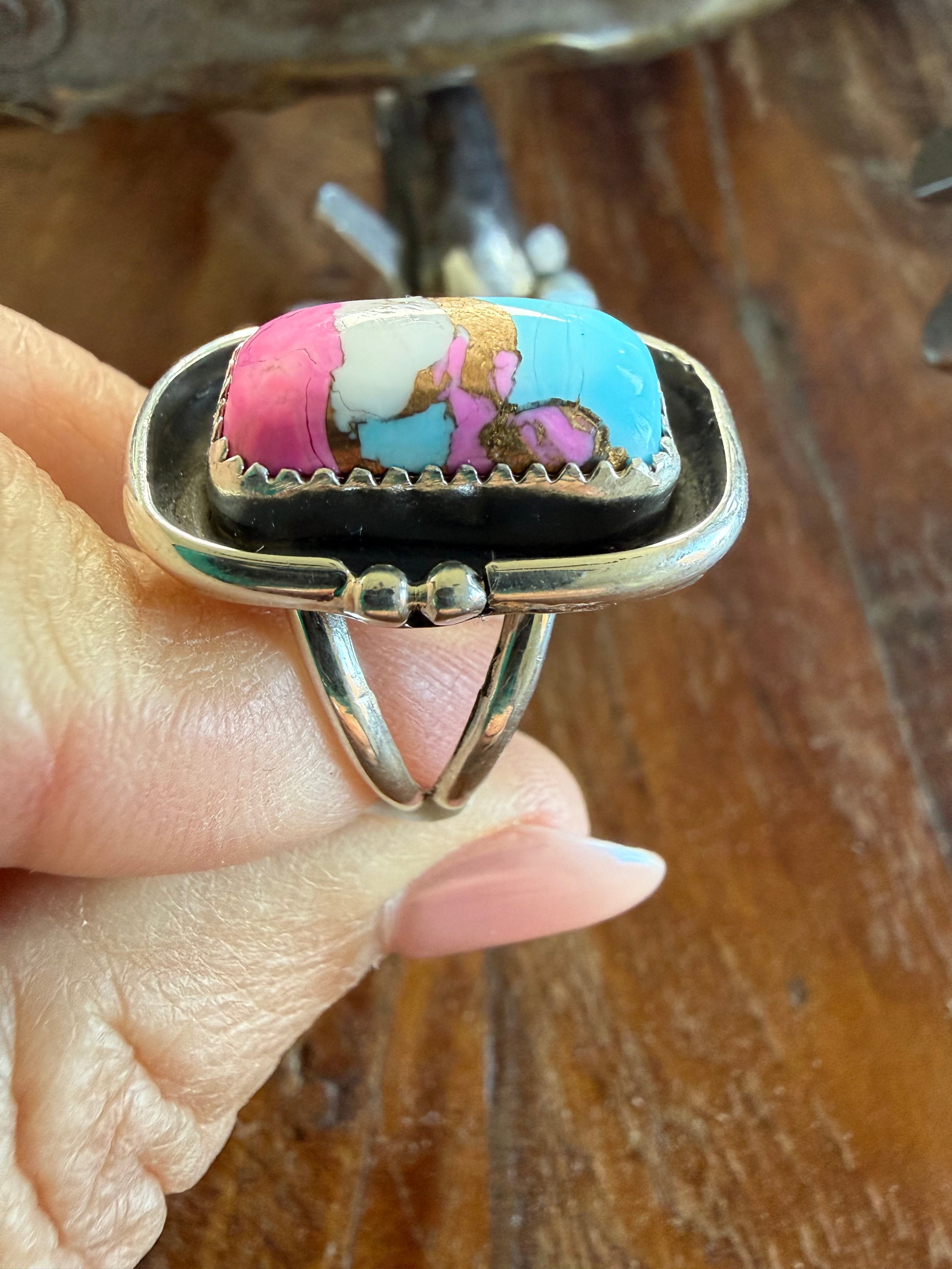 Authentic Native American Handmade Sterling Silver and Cotton Candy Ring size 7 3/4