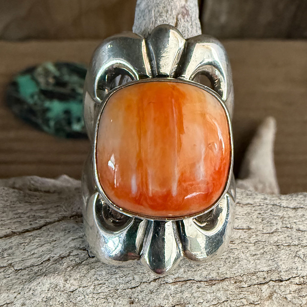 Authentic Native American Handmade Sterling Silver and Spiny Oyster Ring Size 7.