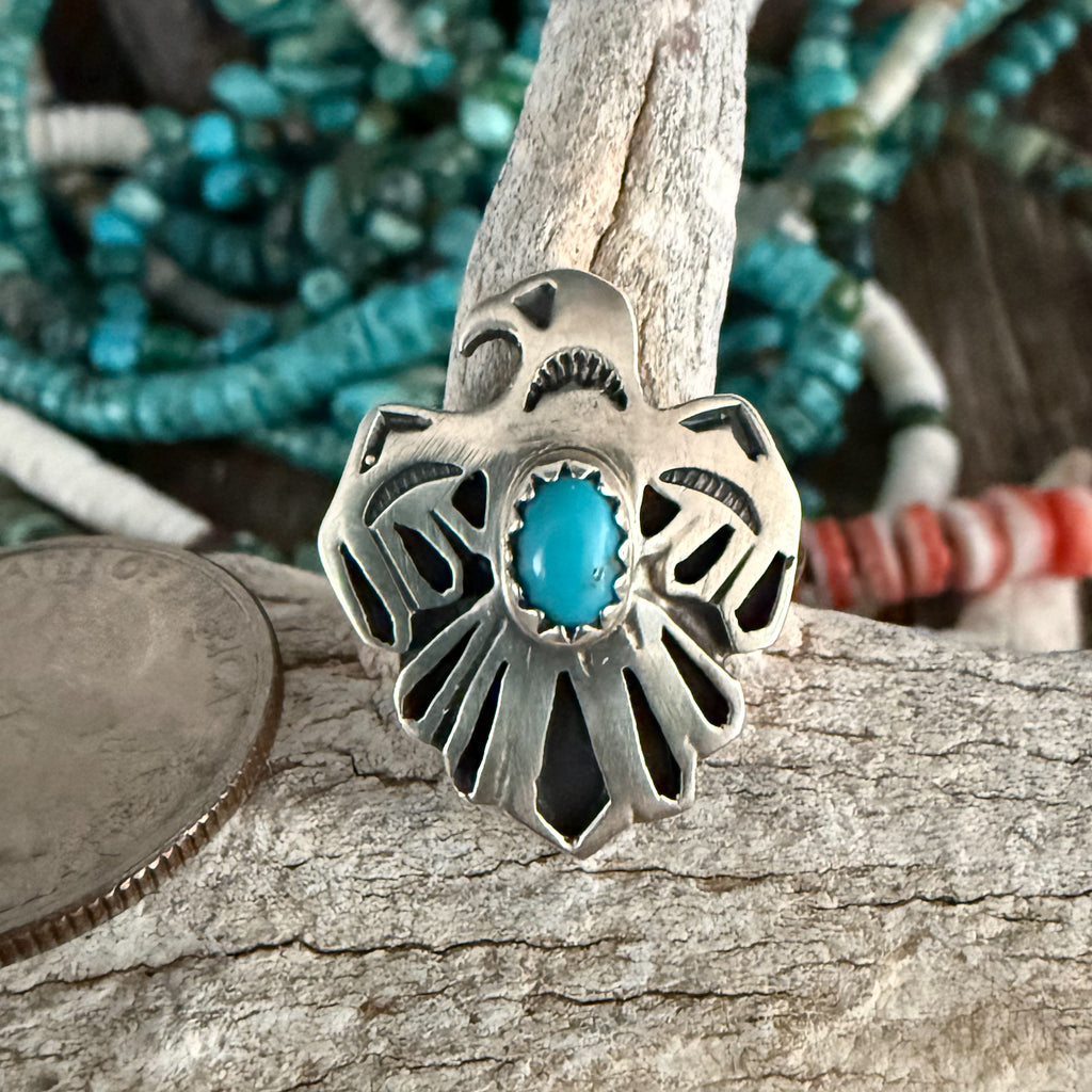 Authentic Native American Handmade Sterling Silver and Turquoise Thunderbird Ring size    5 1/2.