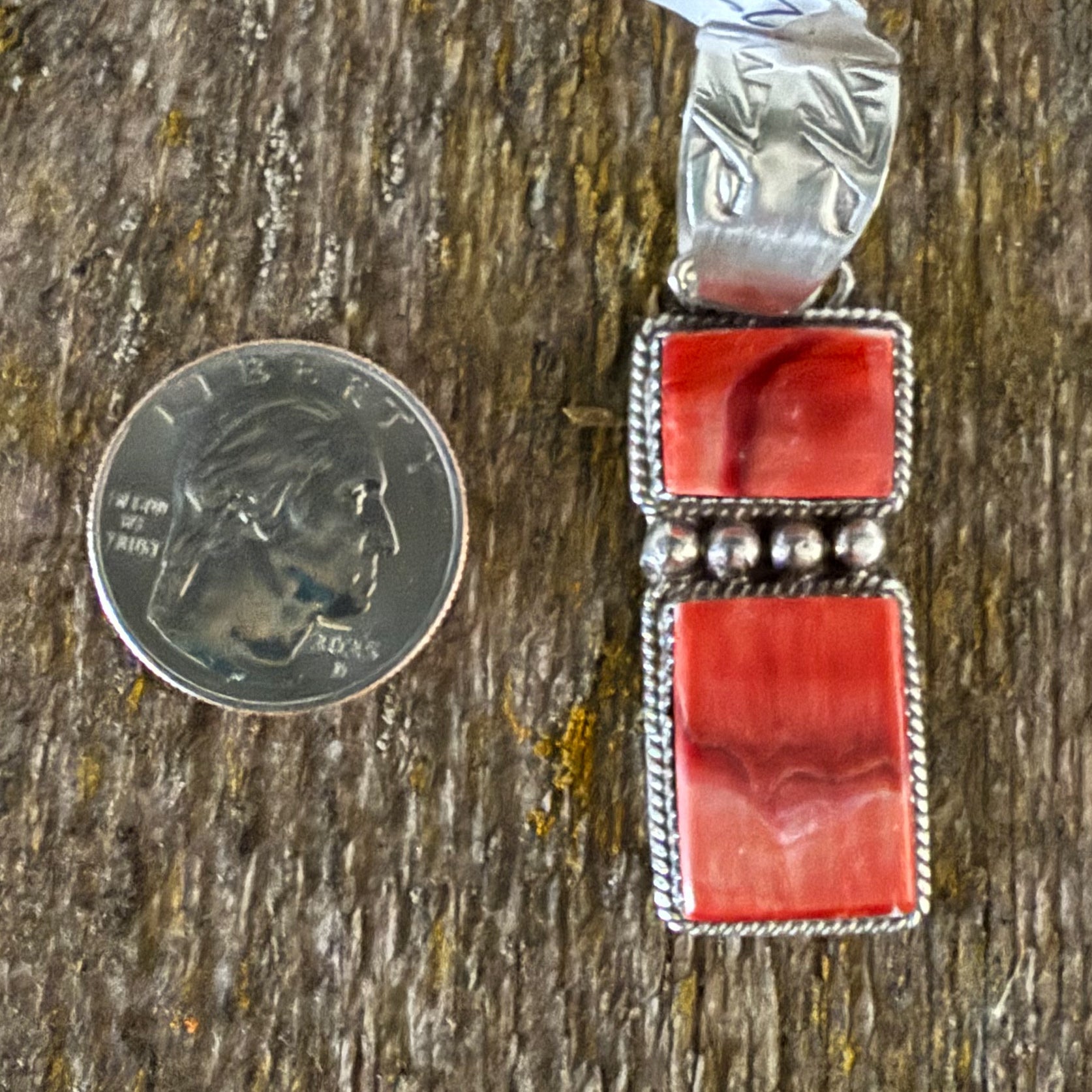 Authentic Native American Handmade Sterling Silver and Red Orange Spiny Oyster Pendant.