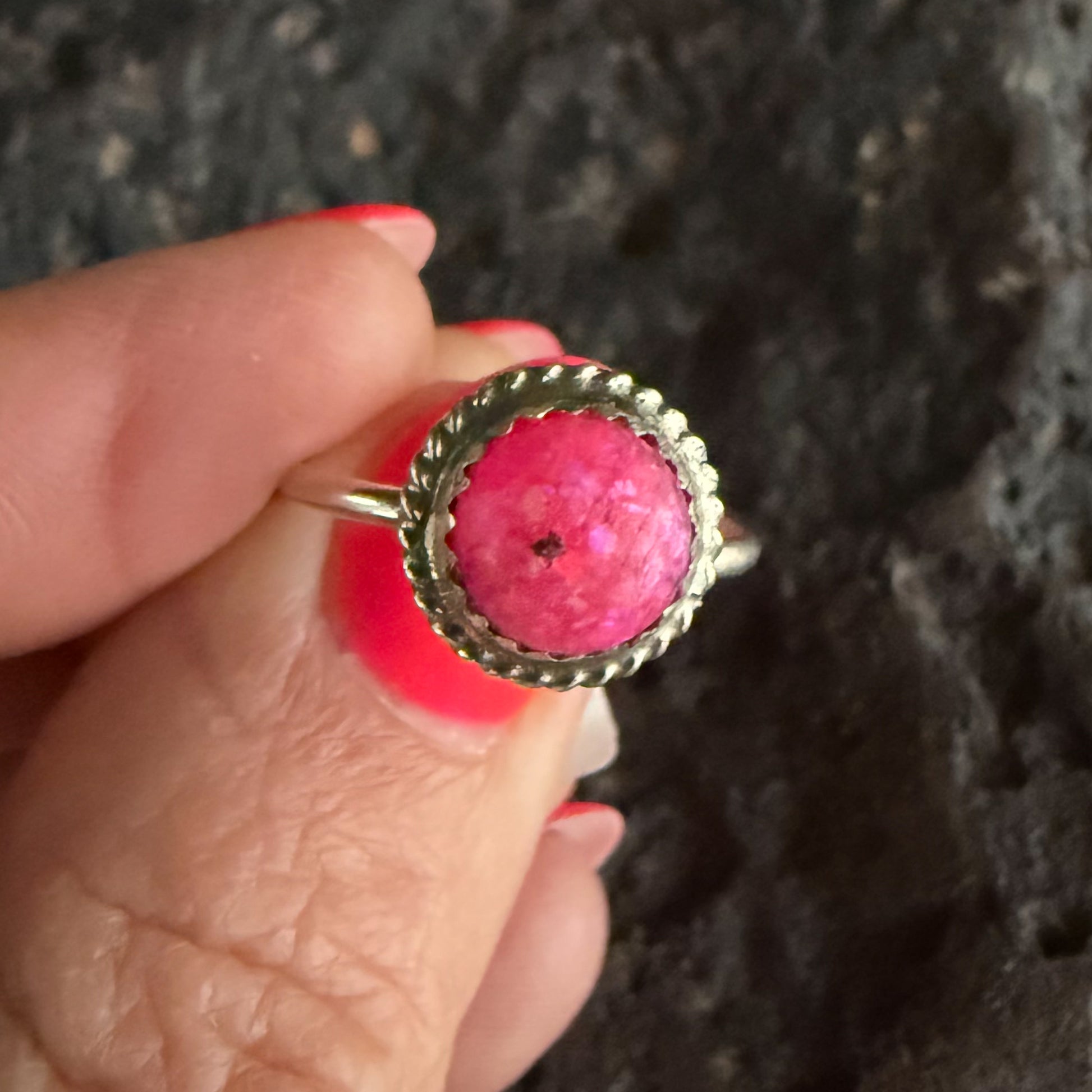 Authentic Native American Handmade Sterling Silver and Hot Pink Opal Ring size 8 1/4.