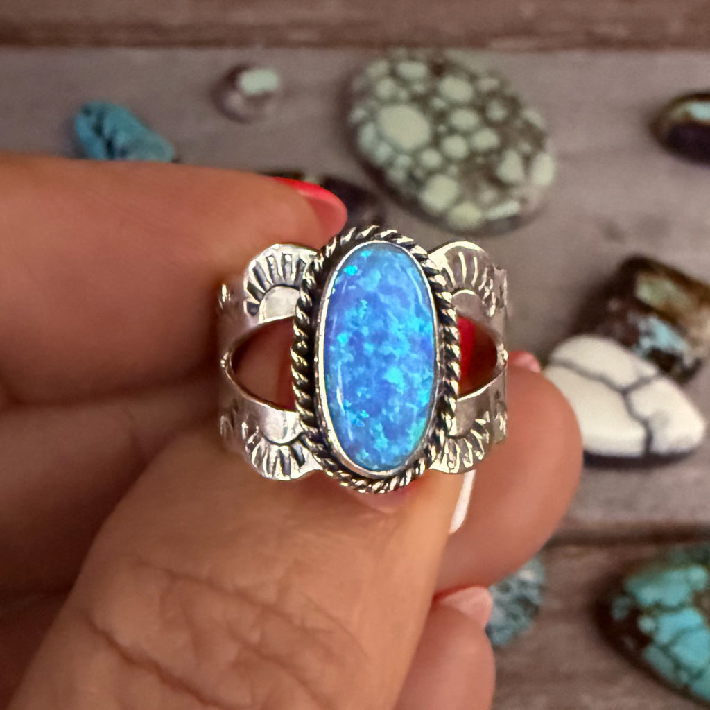 Authentic Native American Handmade Stamped Sterling Silver and Opal Ring size 6 1/4.