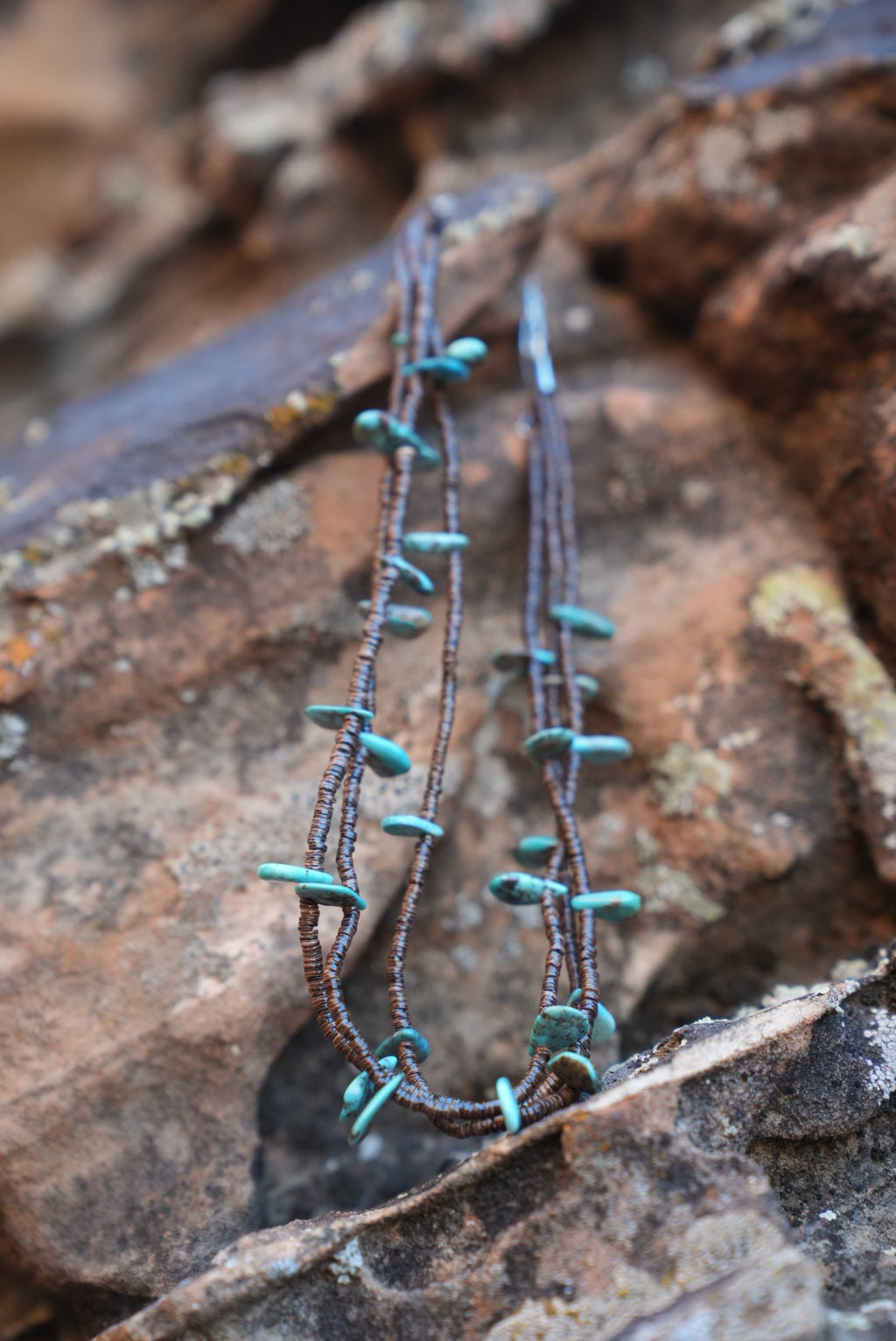 Native American Marquez Tachiini Olive Heishi Kingman Teardrop 2 Strand Necklace