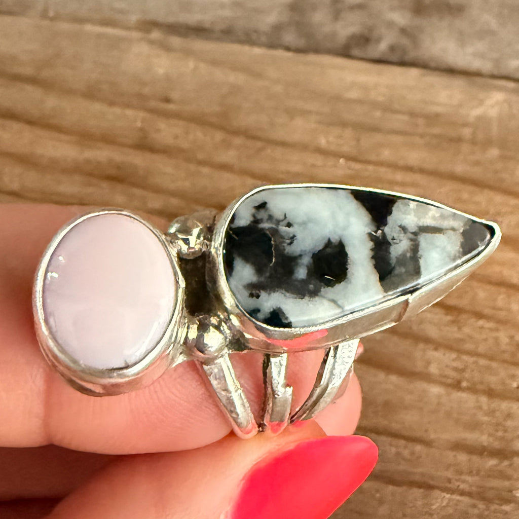 Authentic Native American Handmade Sterling Silver, Pink Conch Shell, and Zebra Stone Ring size 7 1/2.