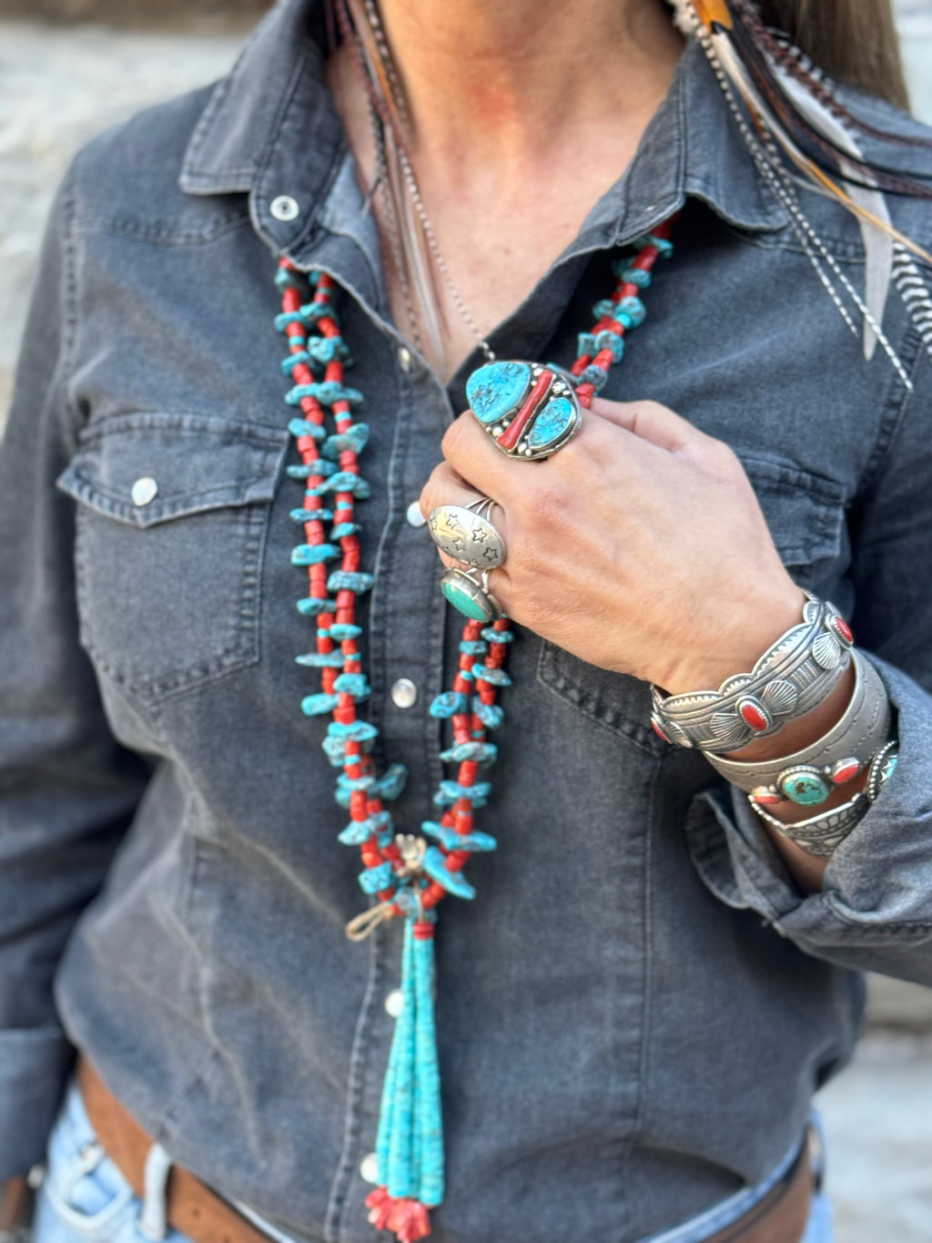 Native American Handmade Kingman Turquoise-Coral Necklace with Kingman and Spiny Oyster Jacla