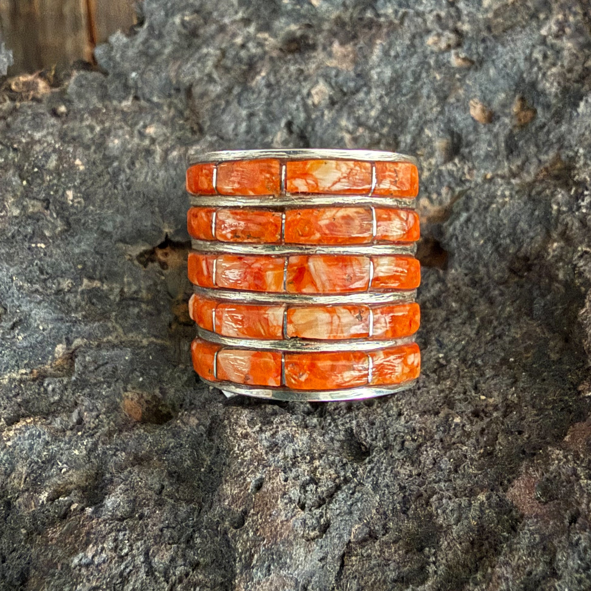 Authentic Native American Handmade Sterling Silver and Orange Spiny Oyster Zuni Inlay Ring size 7 1/2.