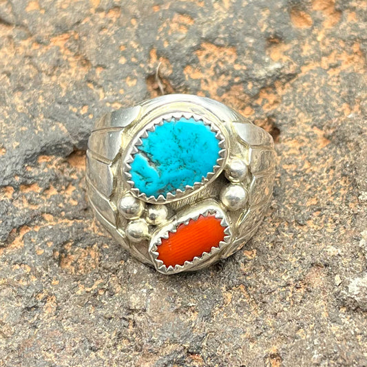 Men’s Authentic Native American Handmade Turquoise and Coral Sterling Silver Ring