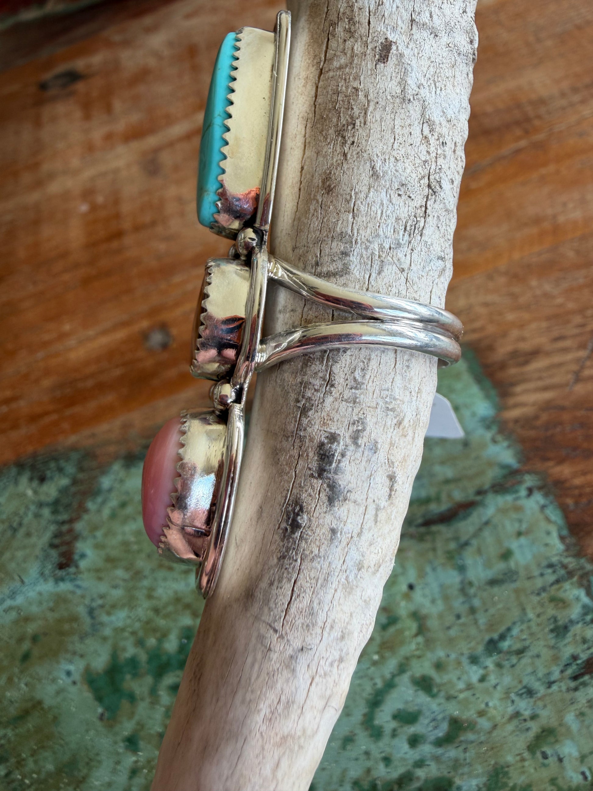 Native American Handmade Cowrie Shell-Conch-Turquoise Triple Stack Ring Size 7.75