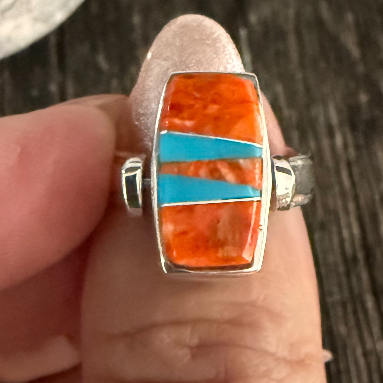 Authentic Native American Handmade by Navajo Artist Calvin Begay Sterling Silver, Turquoise and Spiny Oyster Zuni Inlay Ring Reversible size 5.
