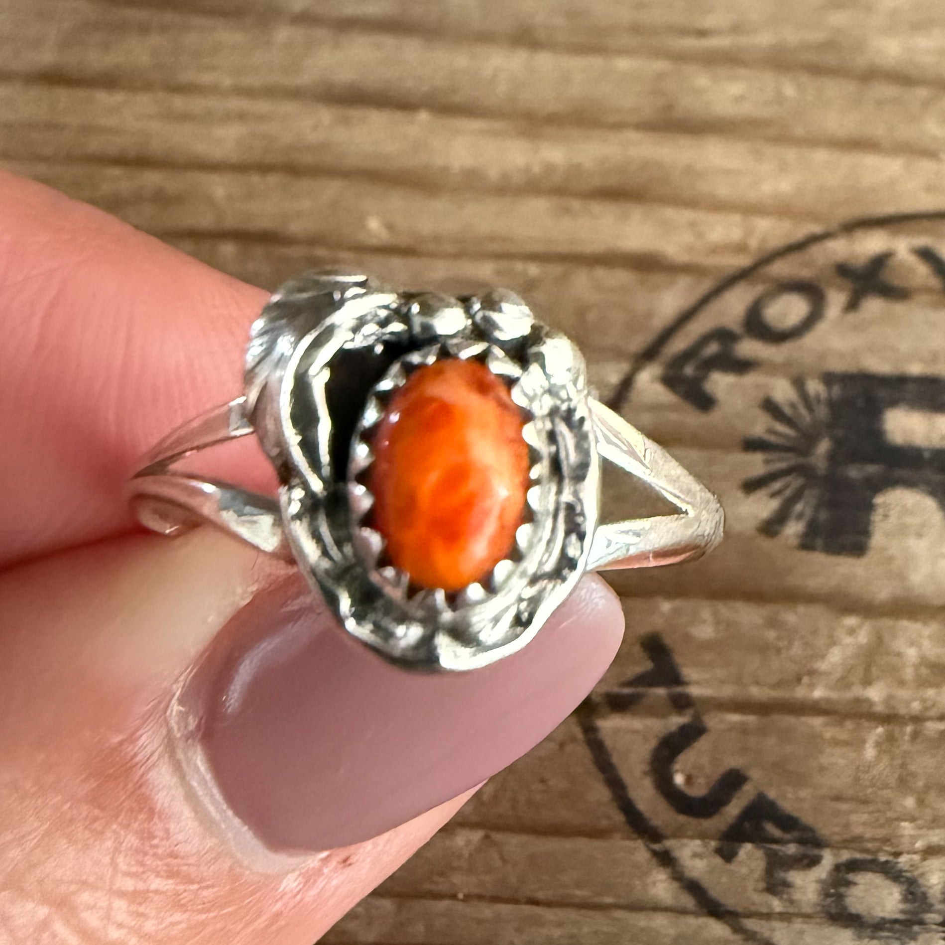 Authentic Native American Handmade Sterling Silver and Orange Spiny Oyster Ring size 9