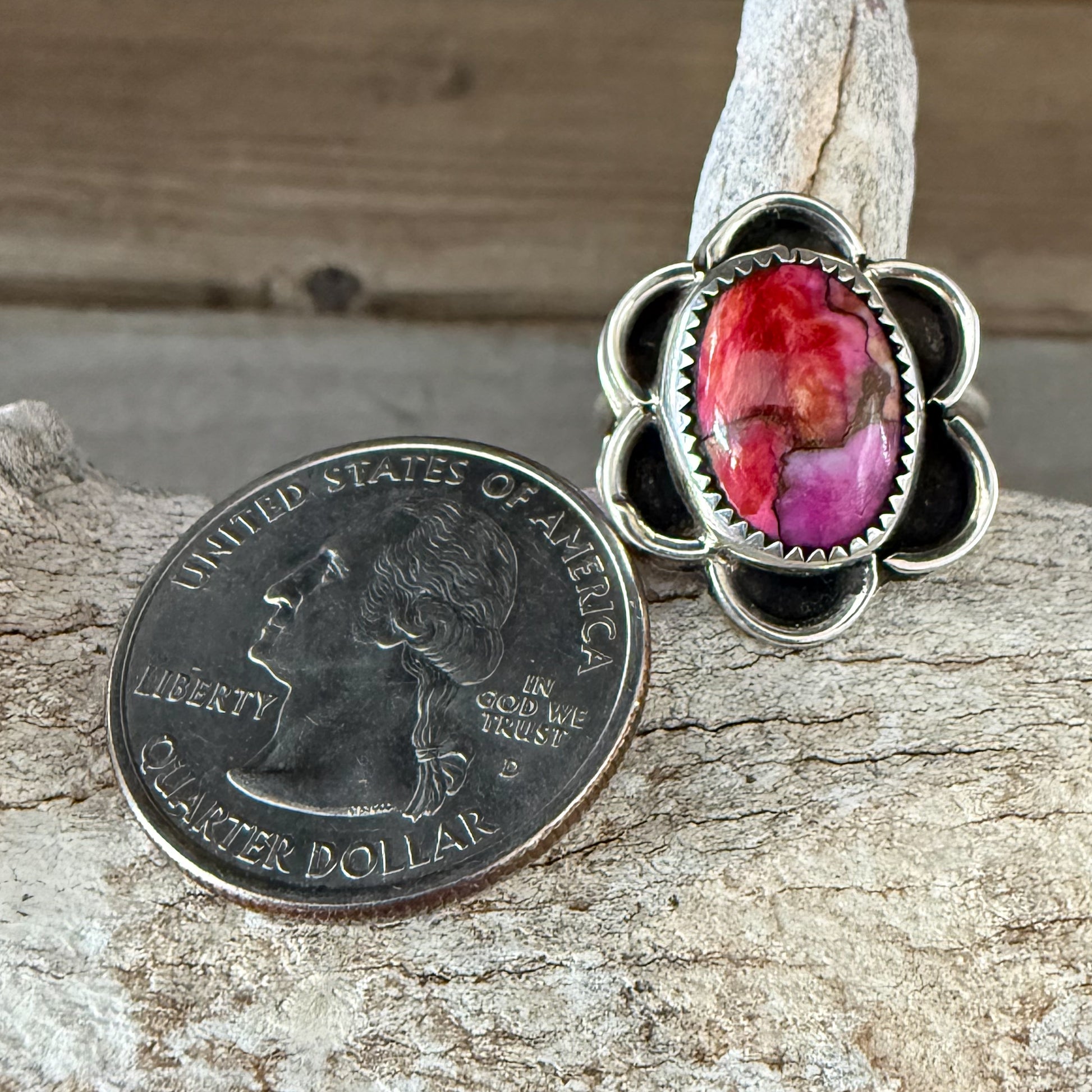 Native American Handmade Sterling Silver and Pink Dahlia Mojave Ring size 8 1/2.