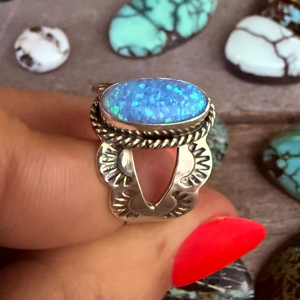 Authentic Native American Handmade Stamped Sterling Silver and Opal Ring size 6 1/4.