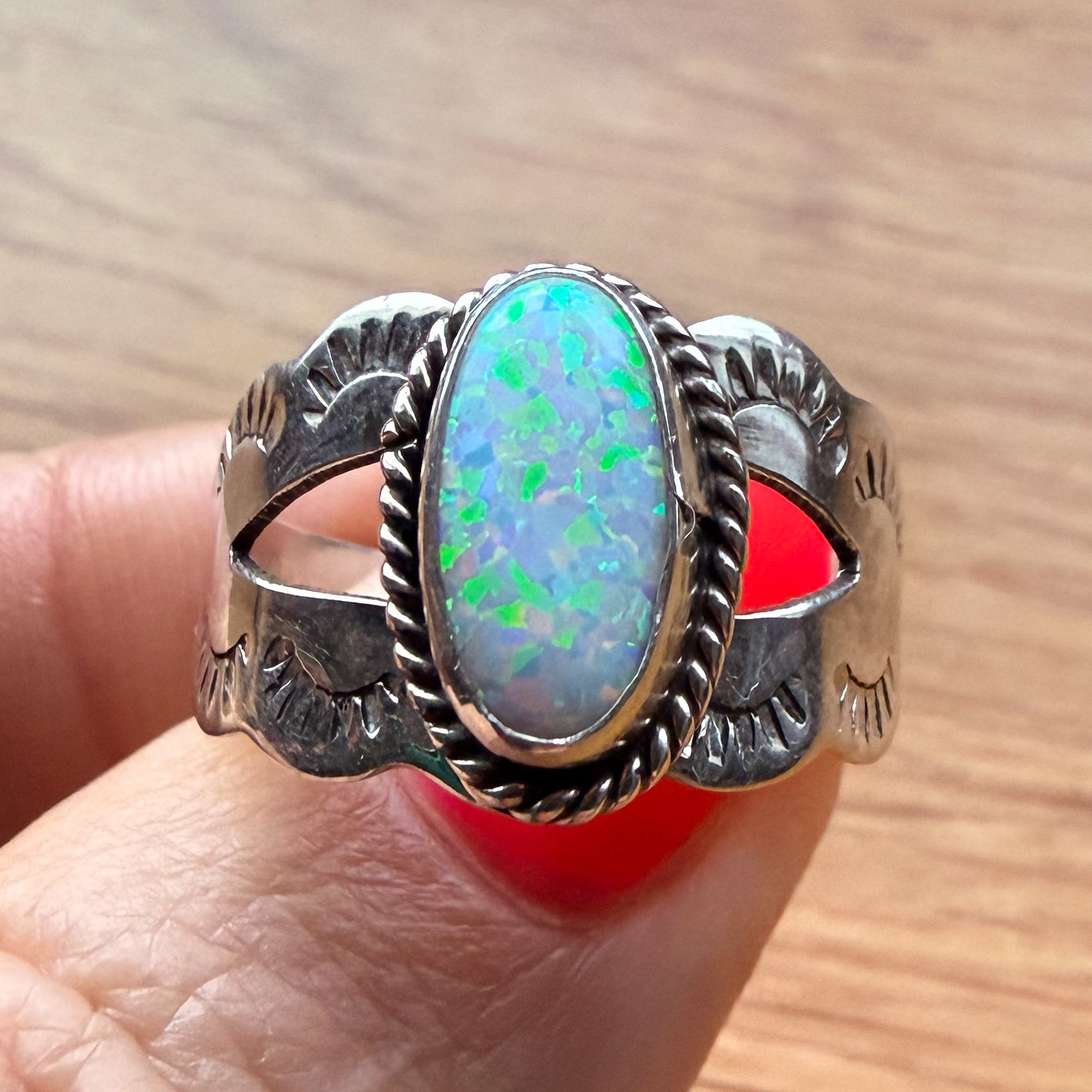 Authentic Native American Handmade Stamped Sterling Silver and Opal Ring size 10.