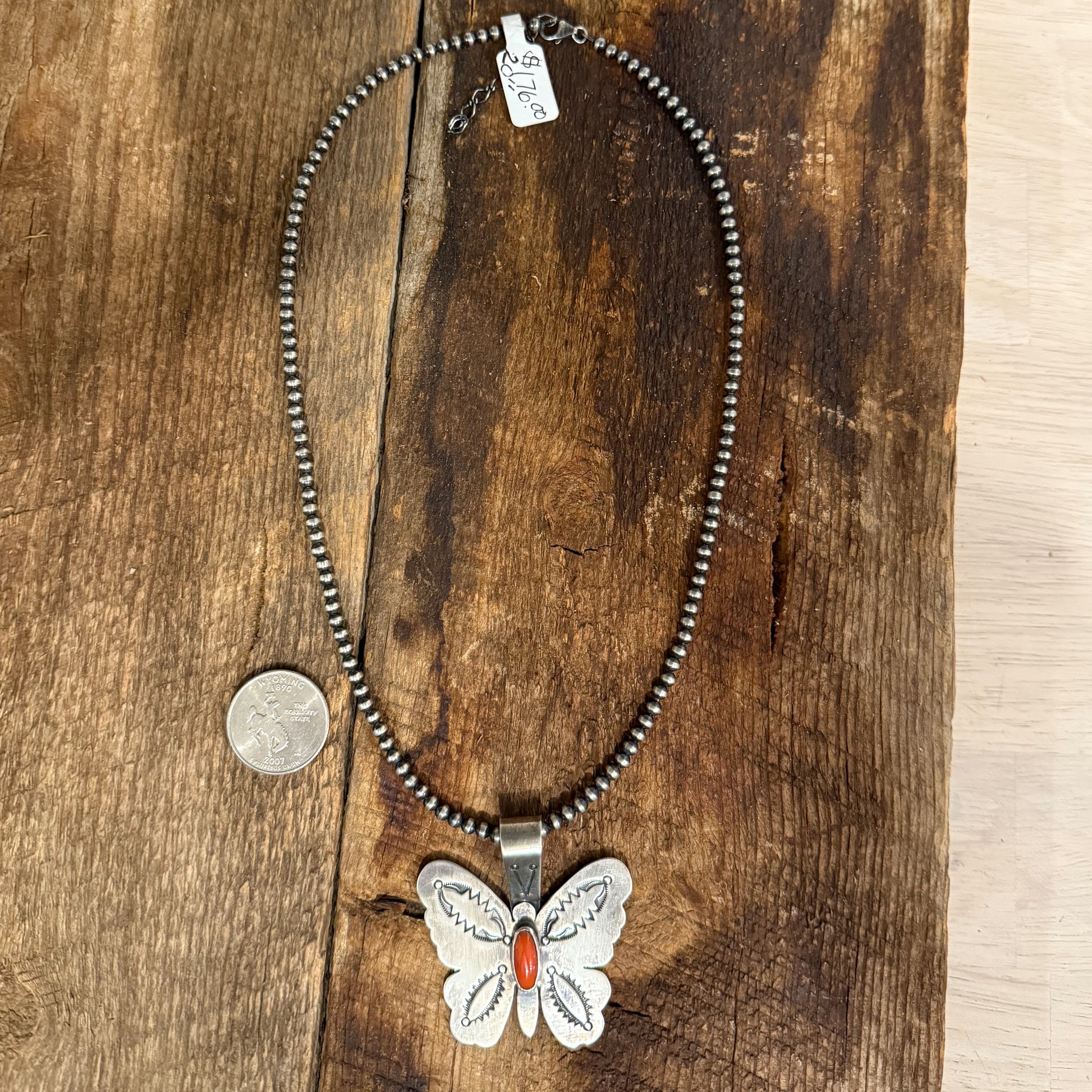 Authentic Native American Handmade Sterling Silver and Coral Butterfly Pendant