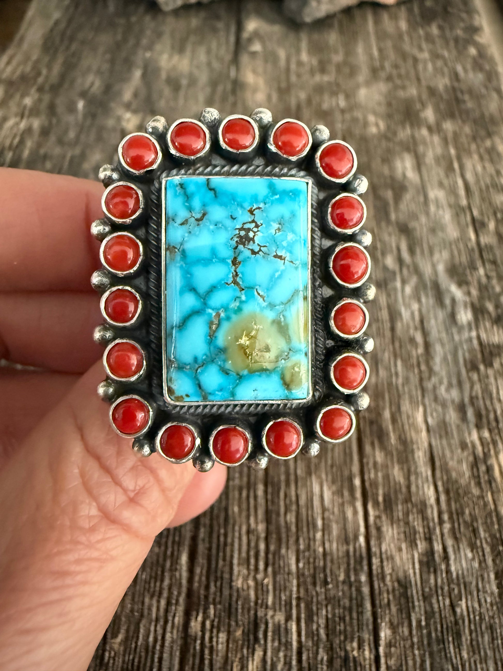 Leon Martinez Handmade Custom Silver Coral-Kingman Turquoise Adjustable Ring