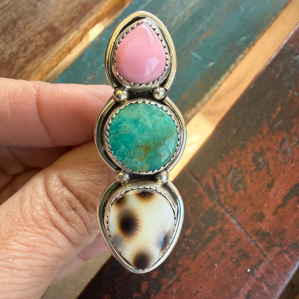 Authentic Native American Handmade Sterling Silver, Turquoise, Cowrie Shell, and Pink Conch Shell Ring size 7