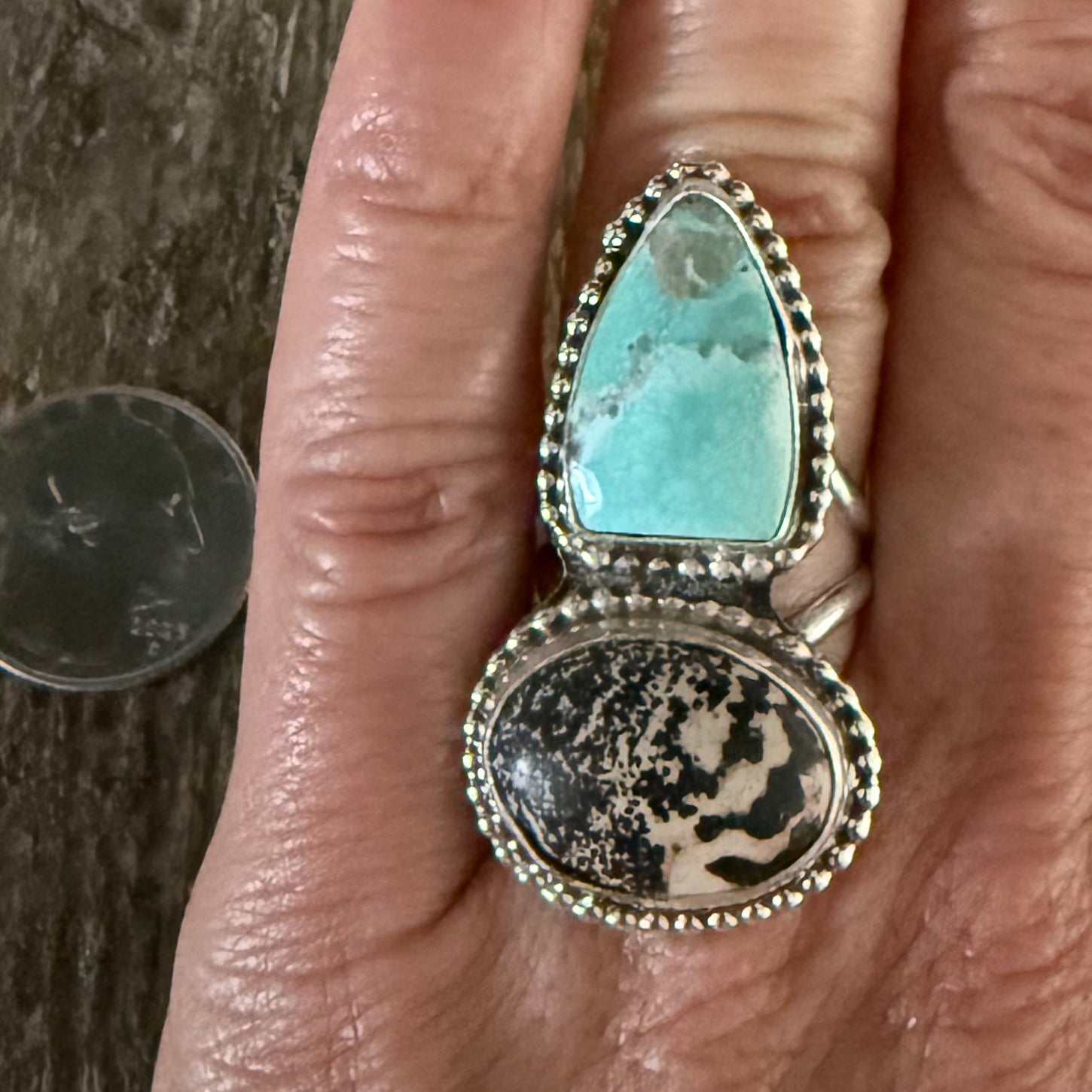 Authentic Native American Sterling Silver, Turquoise and Natural Stone Double Stack Ring Size6 3/4.