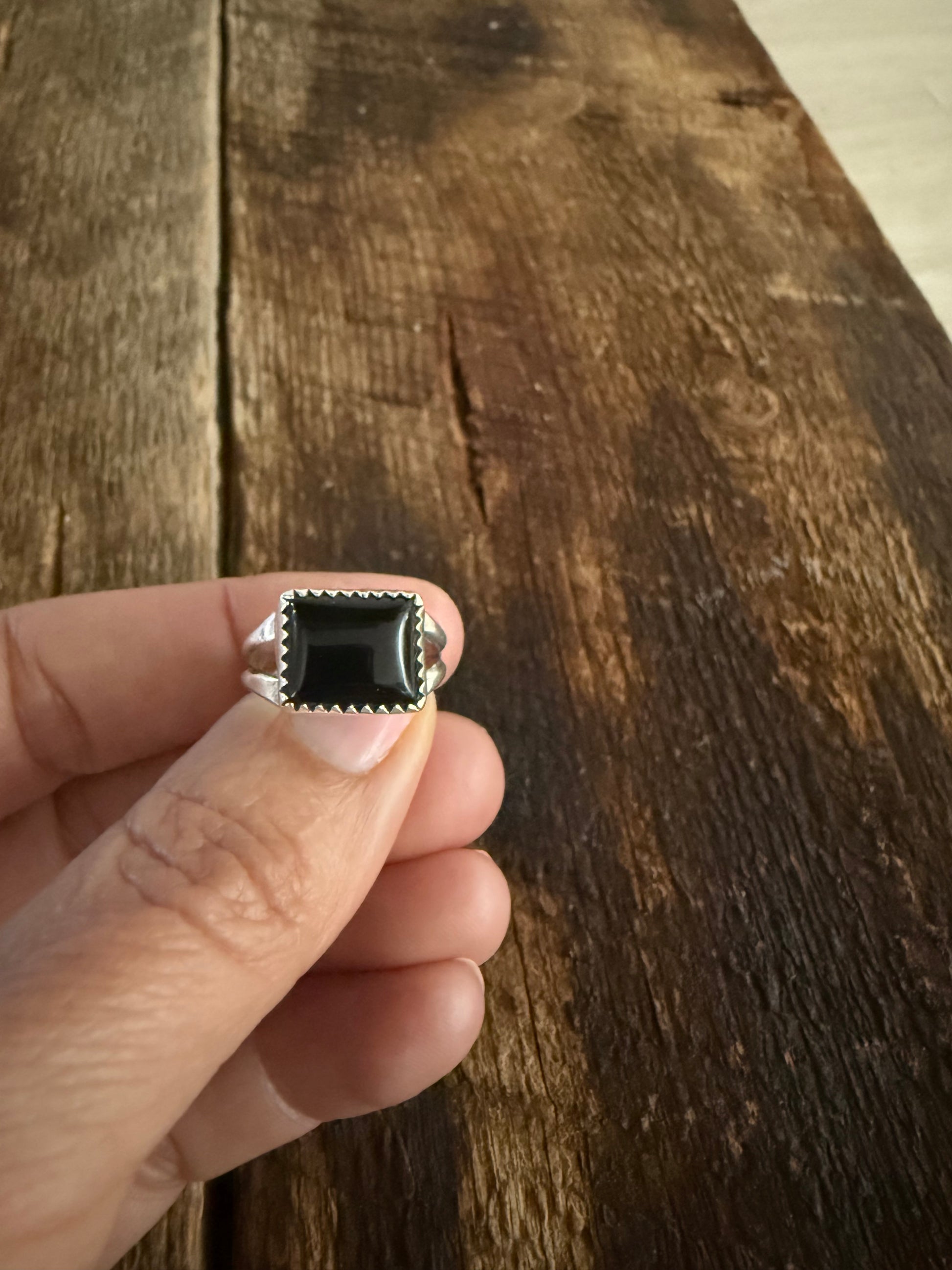 Native American Handmade Sterling Silver and Black Onyx Ring Size 6 1/2.