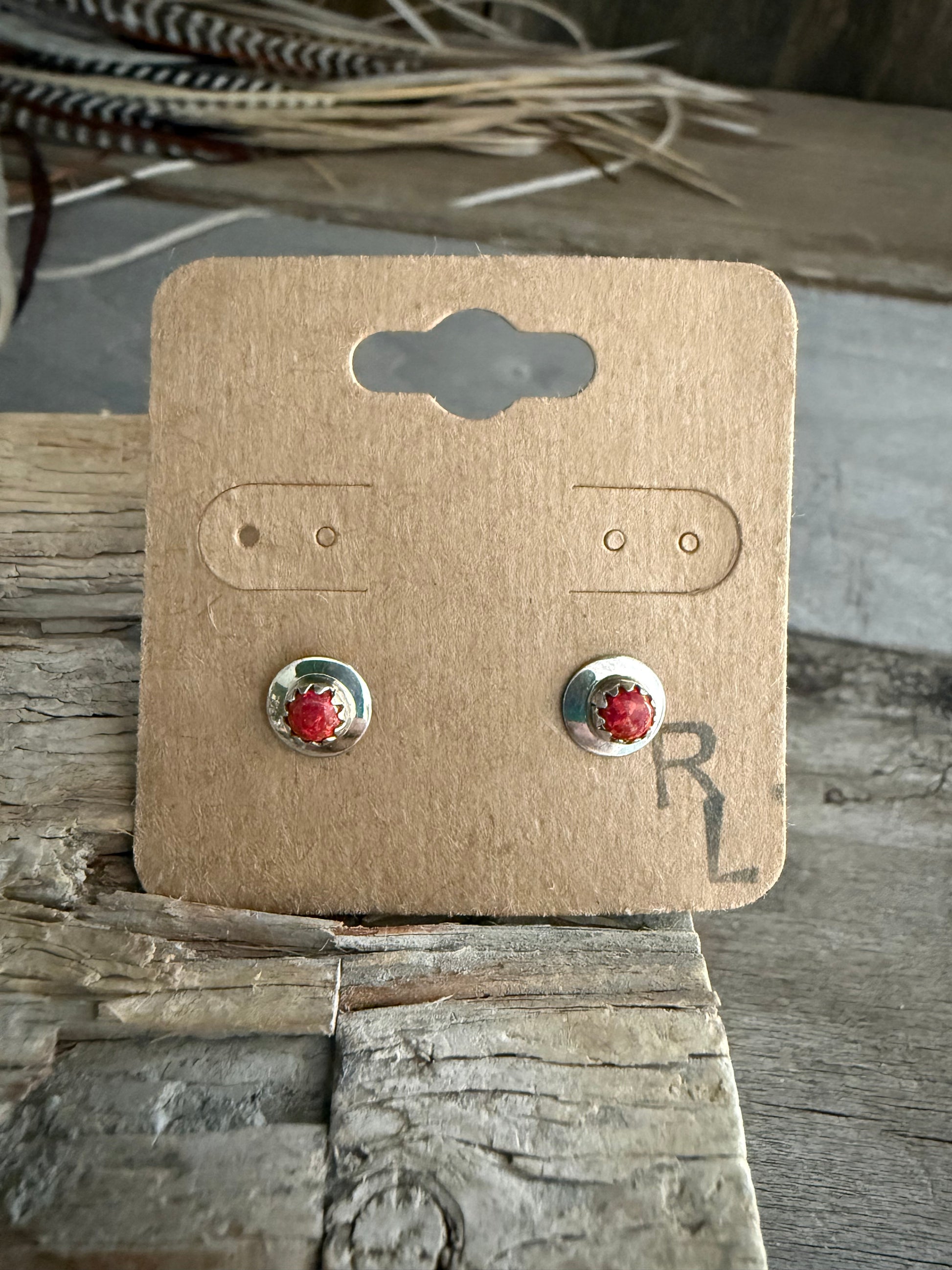 Authentic Native American Handmade Sterling Silver and Fire Opal Stud Earrings