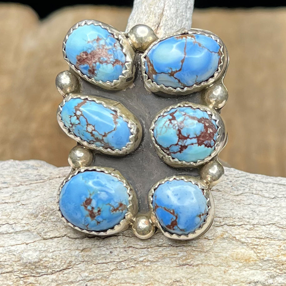 Authentic Native American Handmade Sterling Silver Golden Hills Turquoise Cluster Ring Size 6 1/2.