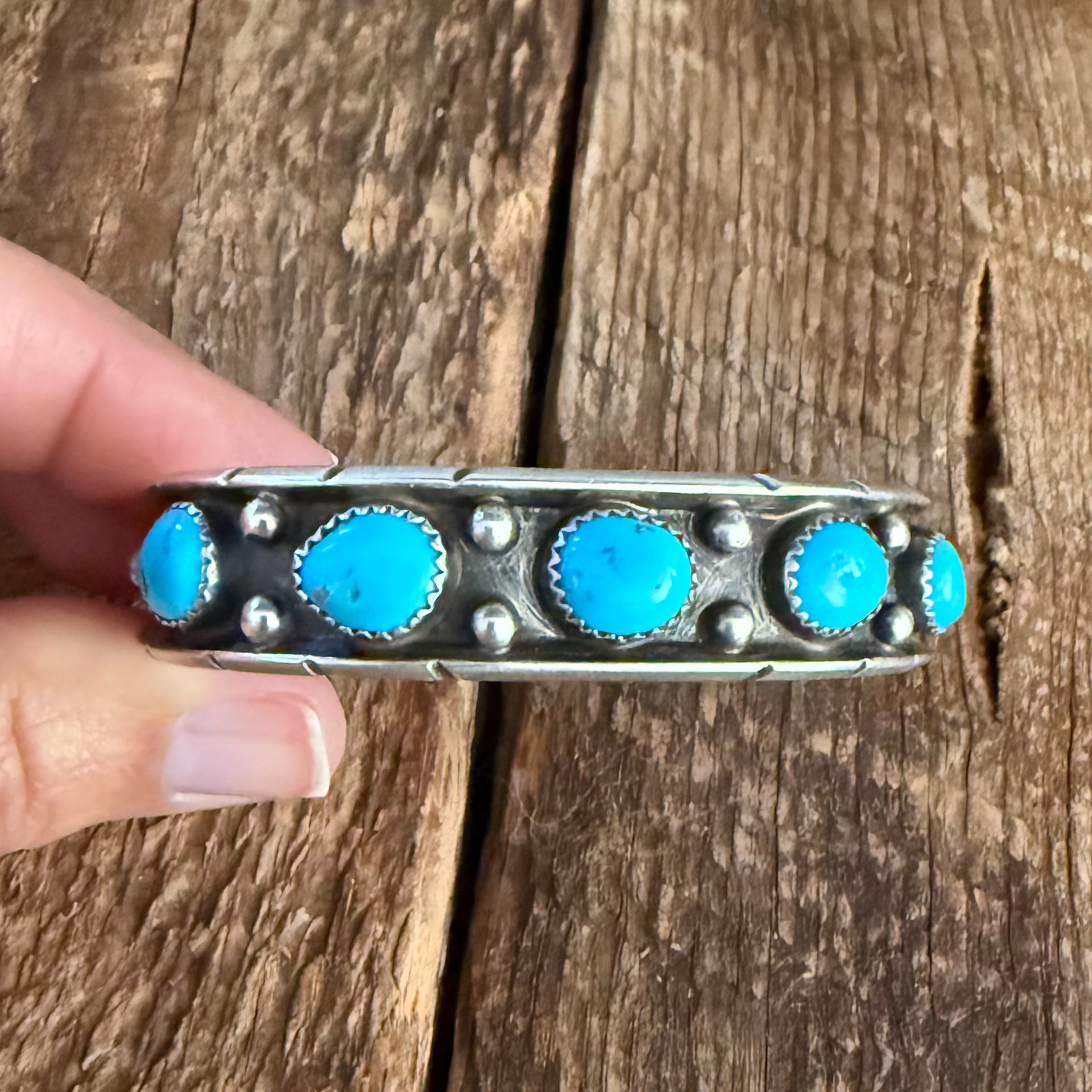 Authentic Native American Handmade Sterling Silver and Turquoise cuff bracelet.