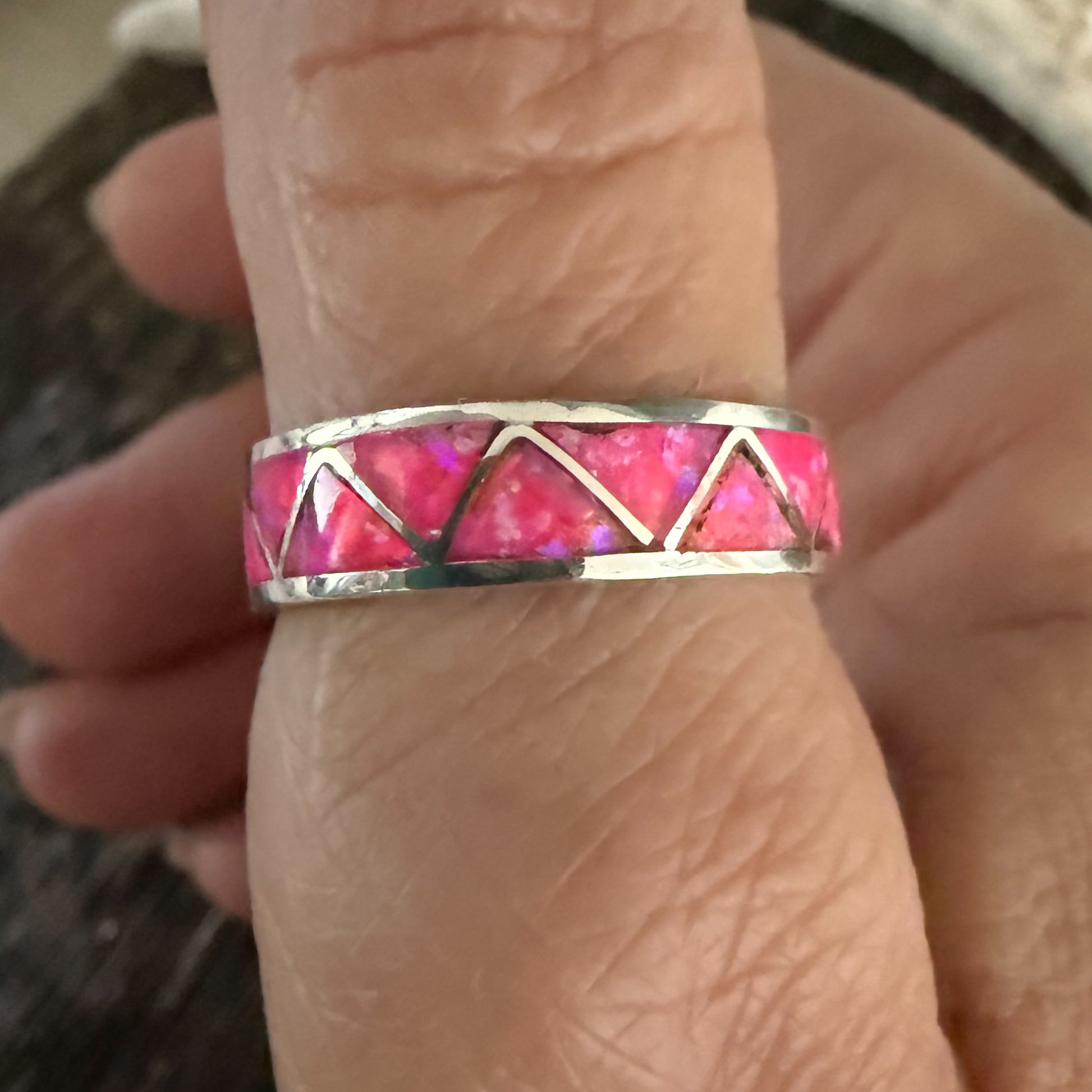 Authentic Native American Handmade Sterling Silver and Hot Pink Opal Inlay Ring size 101/4.
